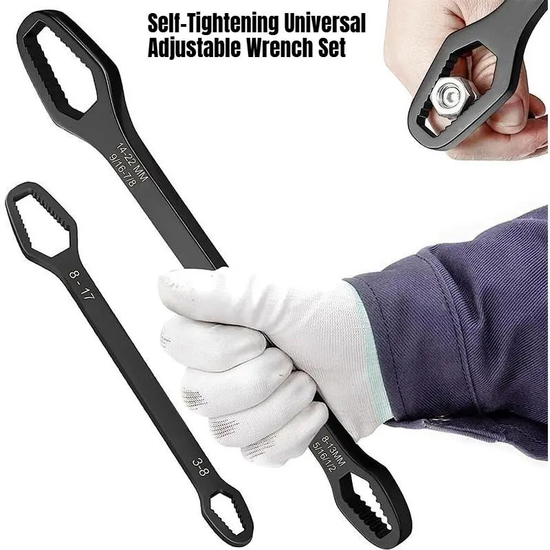 2 Pack Self-Tightening Universal Adjustable Wrench Set, Self Locking Double End Box Wrenches, 3-17mm & 8-24mm, Multi-Function Repair Tool for Nuts and Bolts