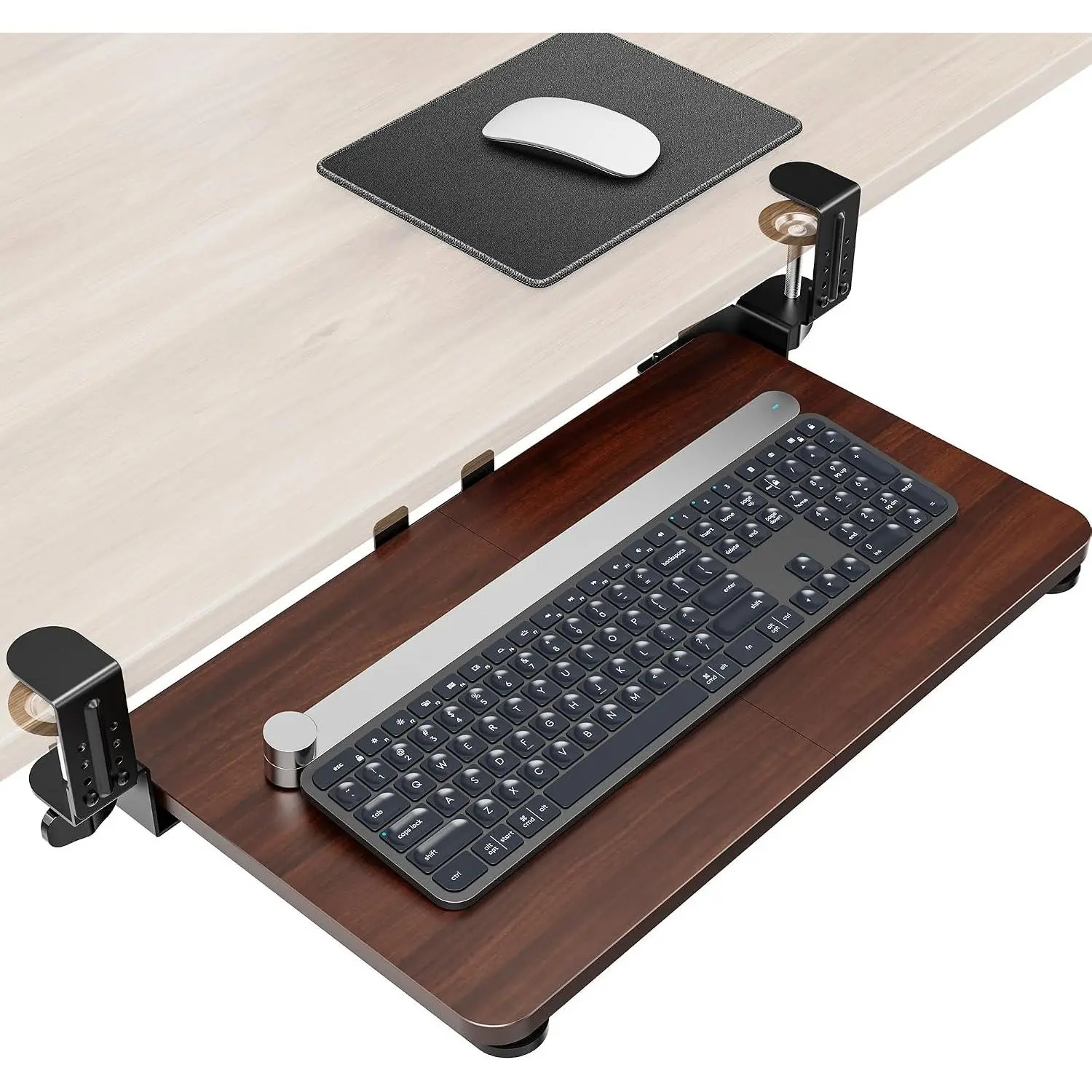 Ergonomic Mouse & Keyboard Tray Under Desk, 20x11.8In Board, Walnut | Heavy Duty Keyboard Drawer, Adjustable Height C-Clamp, Slide-Out Platform, Desk Accessories for Typing, 25.9" Including Clamp
