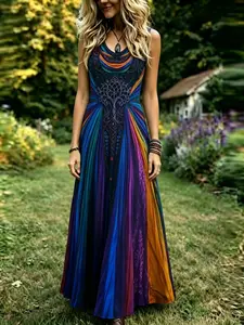 Women's Rainbow Print Sleeveless Dress, Bohemian Boho Loose Fit Long Skirt, European and American Style, Casual Summer