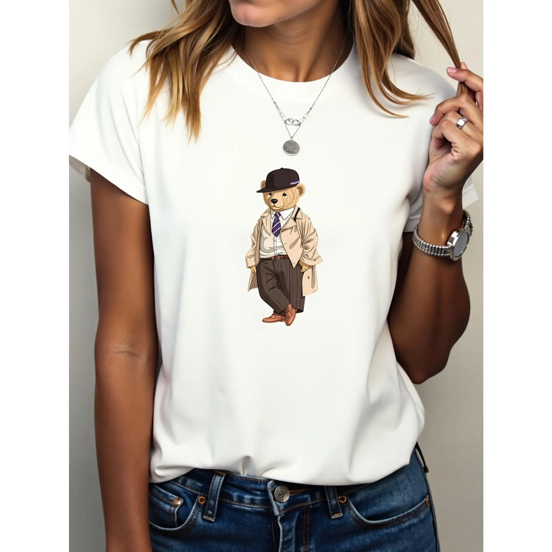Cartoon Bear Y2K Print Tee, Four Seasons Washable Women Top