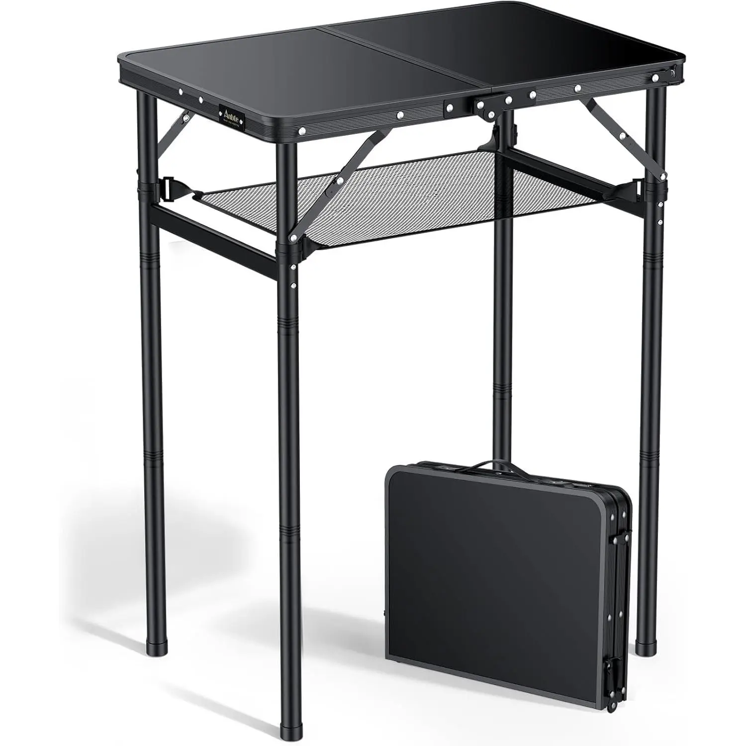 2ft Folding Camping Table Max 29.5", 3 Adjustable Height Aluminum Small Folding Table with Storage Net & Portable Handle, Lightweight, for Travel Outdoor Beach Picnic Camp, 23.2" x 16", Black