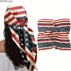 Flag Print Square Bandana, Red White & Blue Patriotic Headscarf Neck Scarf, Versatile Unisex Multi-Purpose Head Wrap For Holiday Events Men Women Daily Outdoor Wear