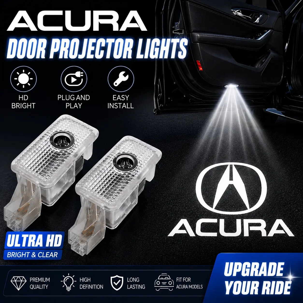 2pcs LED Car Welcome Lights, Car Door Projector Lights, Car Accessories, Compatible with Acura MDX/ZDX/TL/TLX/RLX, Door Ambient Projection Laser Lights, Automotive-grade Materials, Non-destructive Modification, Ready-to-use, Festival Offer
