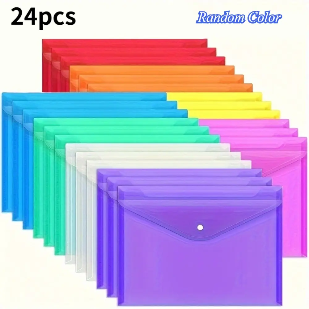 24-Pack Plastic File Folders with Snap Buttons, Random Color, A4 Letter Size - Durable PP Organizers for School, Home & Office, Folders for Documents