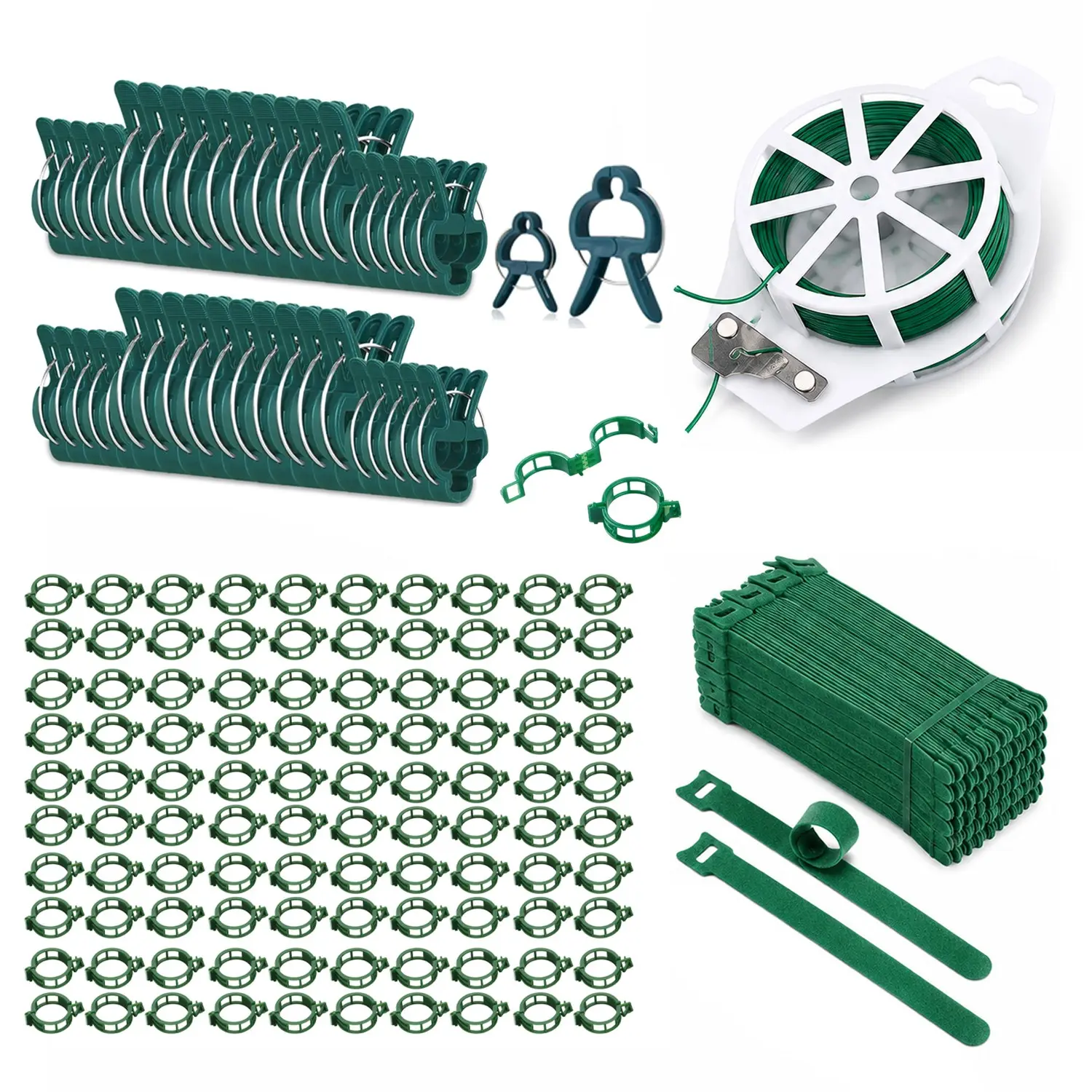 191Pcs Plant Support Kit, 100 Green Plant Clips with 40 Plant Support Clips, 1 Roll Garden Tie and 50 Soft Plant Ties for Tomato, Vines and Indoor Outdoor Potted Plants