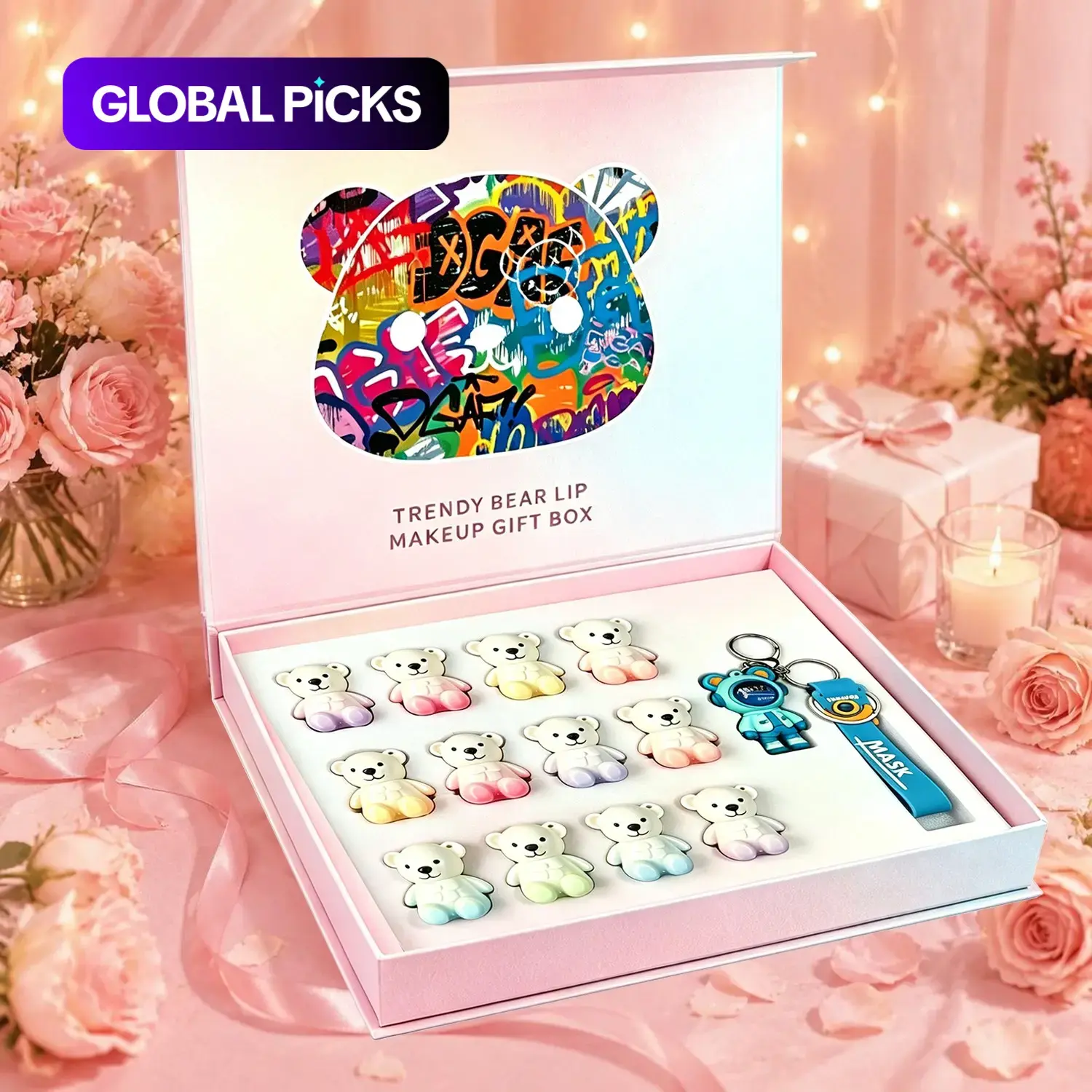 Bear Lip Gloss Set 12 Colors, Cute Bear-Shaped Lip Glaze Balm Gift Box with Keychain, Hydrating Non-Sticky Long-Lasting Lip Tint, Holiday Birthday Gift Set for Girlfriends #GLOBAL PICKS