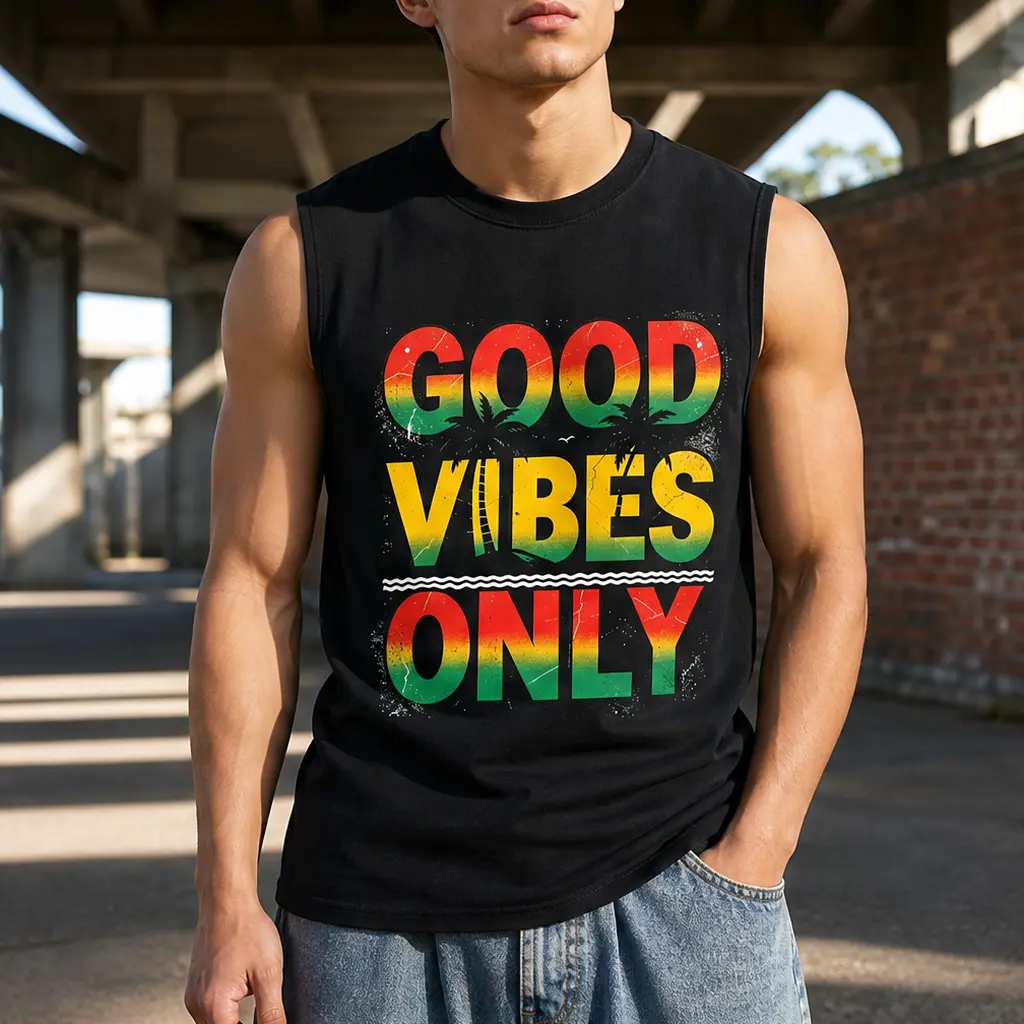 Men's Sleeveless Black Vest with "ONE LOVE" and Green-Yellow-Red Three-Color Palm Coconut Tree, Vintage Distressed Print Tank Top,Summer Casual Top,Men's Casual Street Style Sleeveless T-Shirt