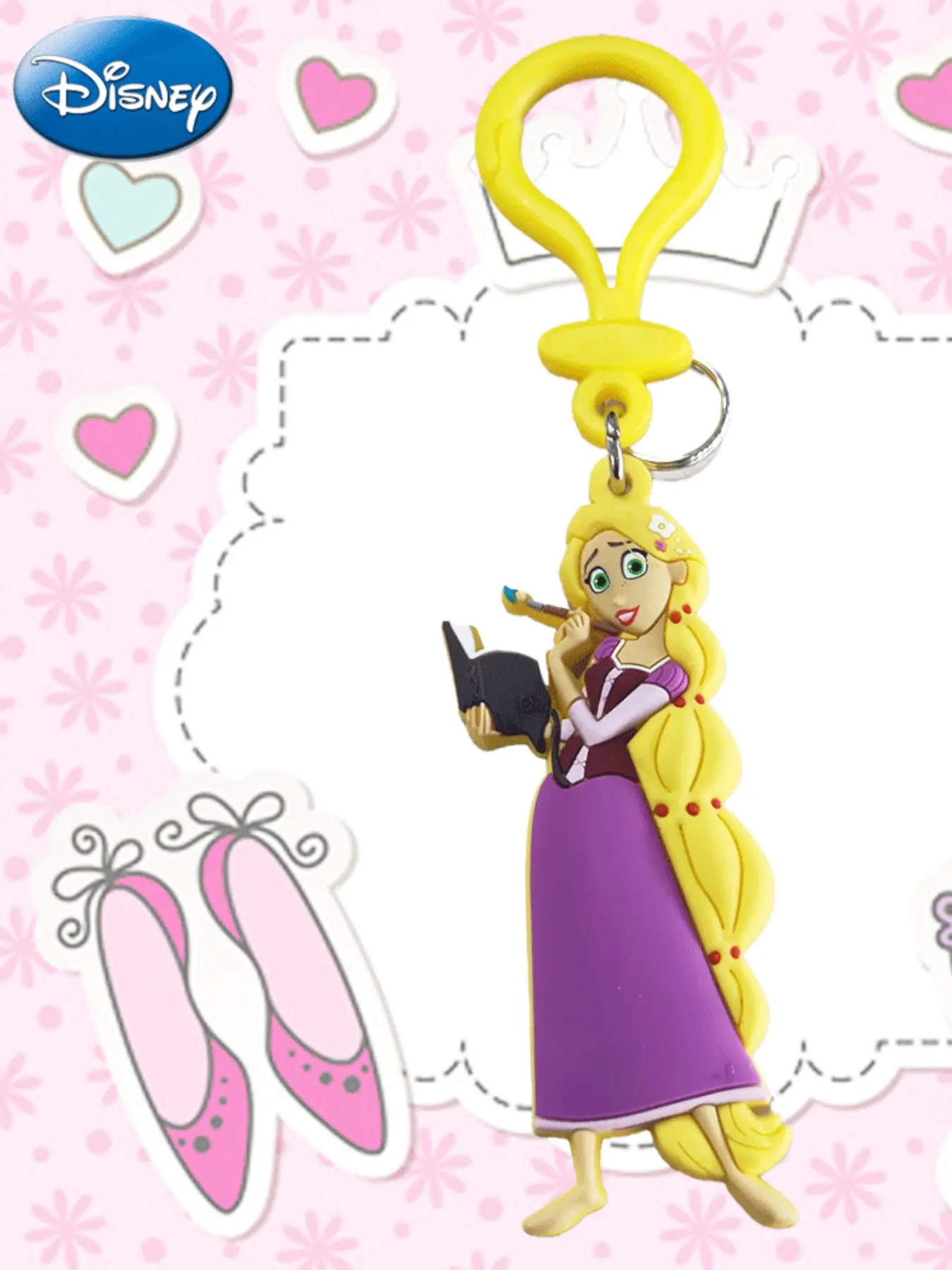 Disney Official Long Hair Princess Keychain, Cute Cartoon Style, Silicone Bag Charm, Backpack Zipper Pendant, Soft Gel Key Holder, 1 Piece