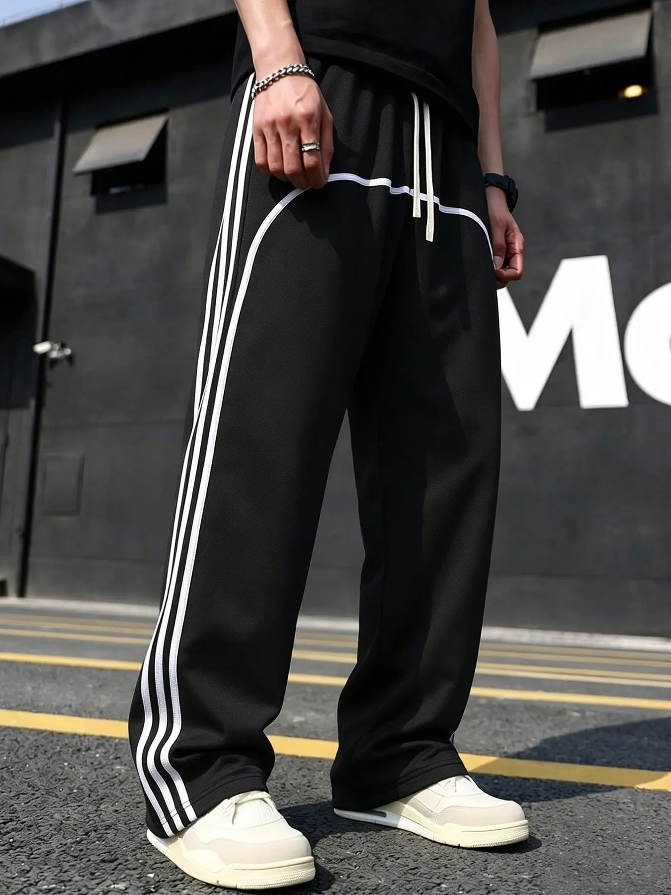 Men's Wide Leg Sweatpants, Casual Loose Fit with Stripes, Adjustable Drawstring Waist, Breathable Fabric, Retro Sport Style