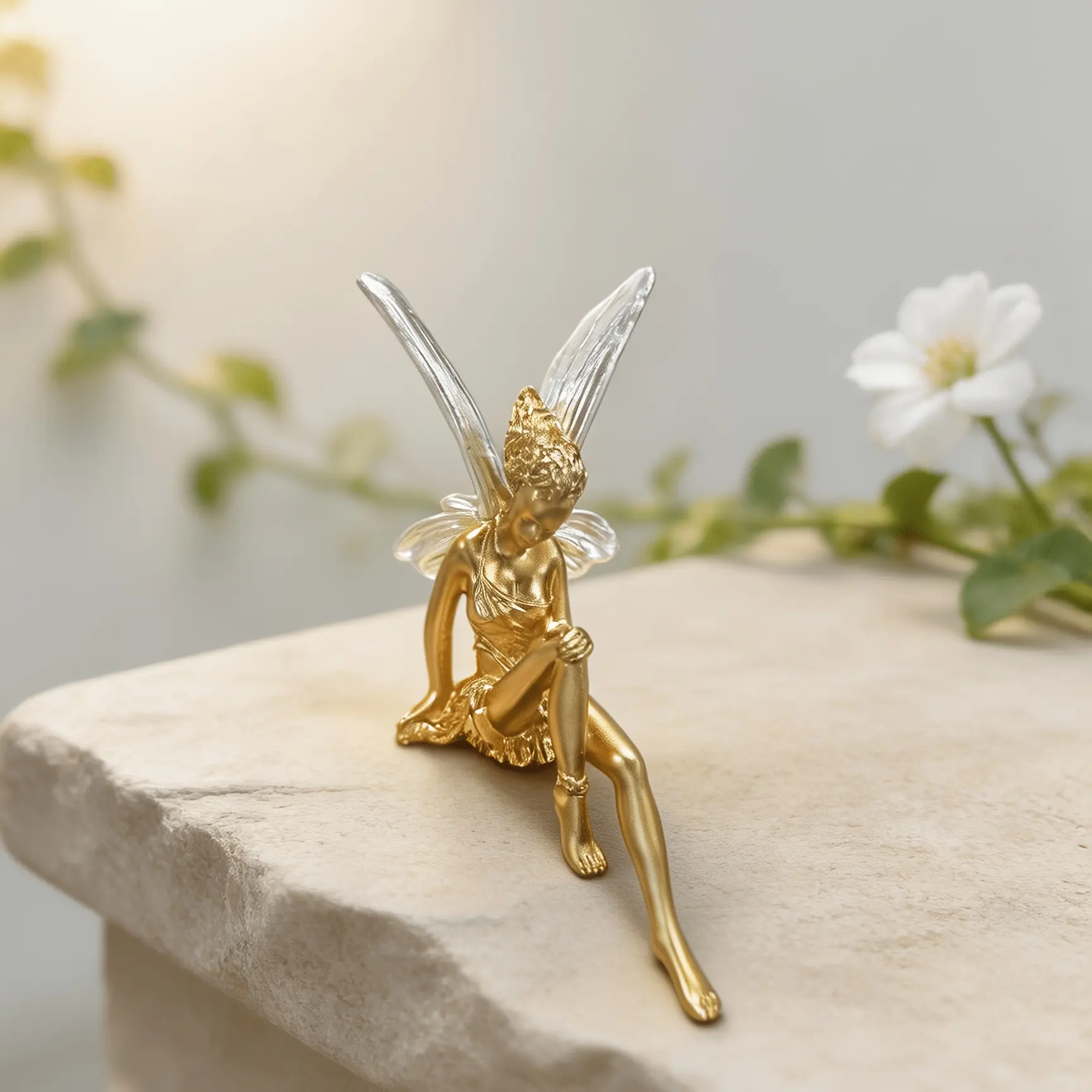 1pc Collectible Figurines Golden Matte Sitting Dangling Legs Flower Fairy Resin Ornament Silvery Gradient Wings Elf Sculpture Relief Hair Skirt Edge Exquisite Craft Sitting-Style Decoration Indoor Desktop Entrance Window Sill Study Room Soft Furnish