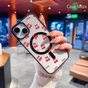 Lucky Red Cherries with Ribbons and Shining Golden Stars Black Border Magnetic Phone Case, Anti-Yellowing Transparent Cover, Bare Machine Feel & Slim Fit, High-End Stylish Design for iPhone 17 E Air Pro ProMax iPhone16 15 14 Plus 13 12 Mini 11 X XS XR