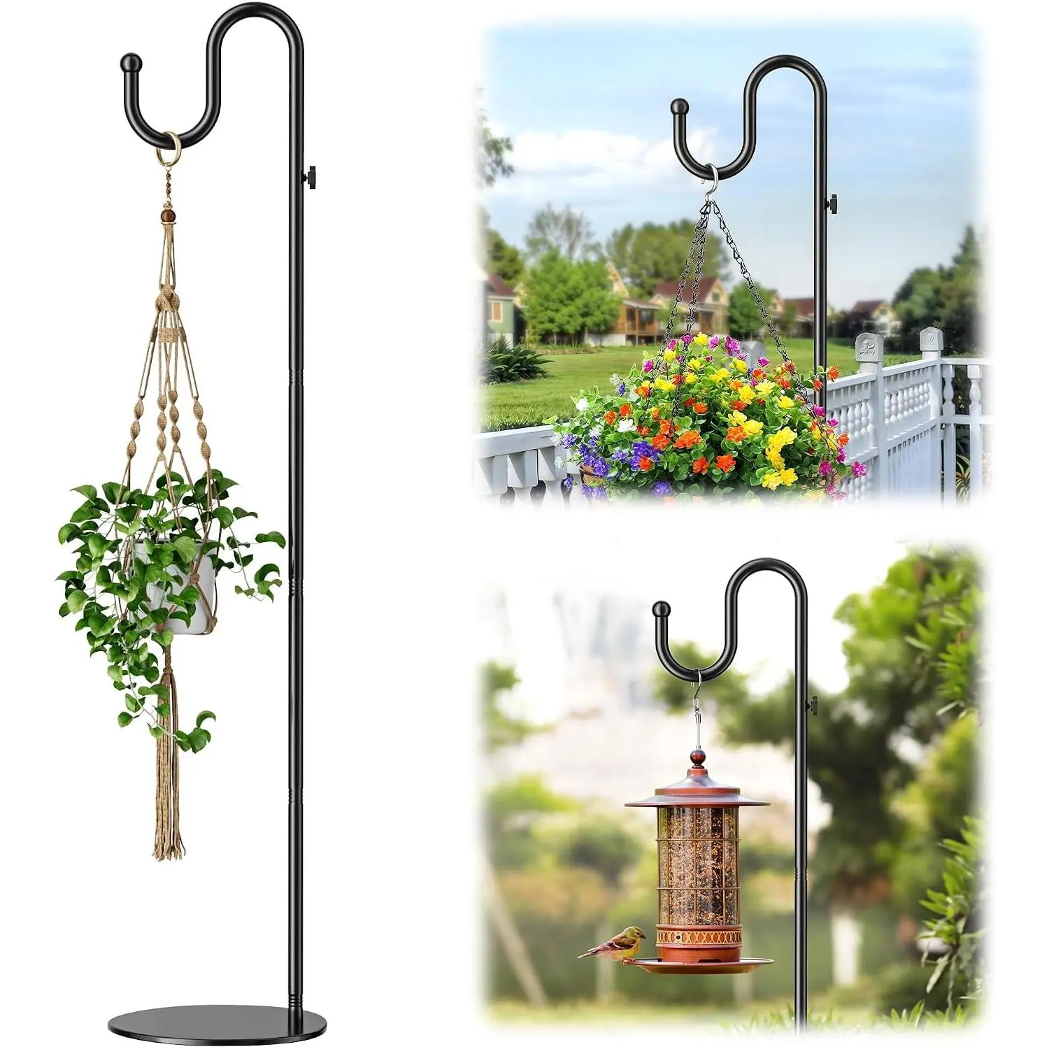 74" Adjustable Shepherds Hook Stand with Heavy Duty Base, Free Standing Pole Holder for Hanging Wind Chimes, Bird Feeders, Plants, Lanterns and Wreath, Indoor & Outdoor Use, Holds Up to 20 LBS