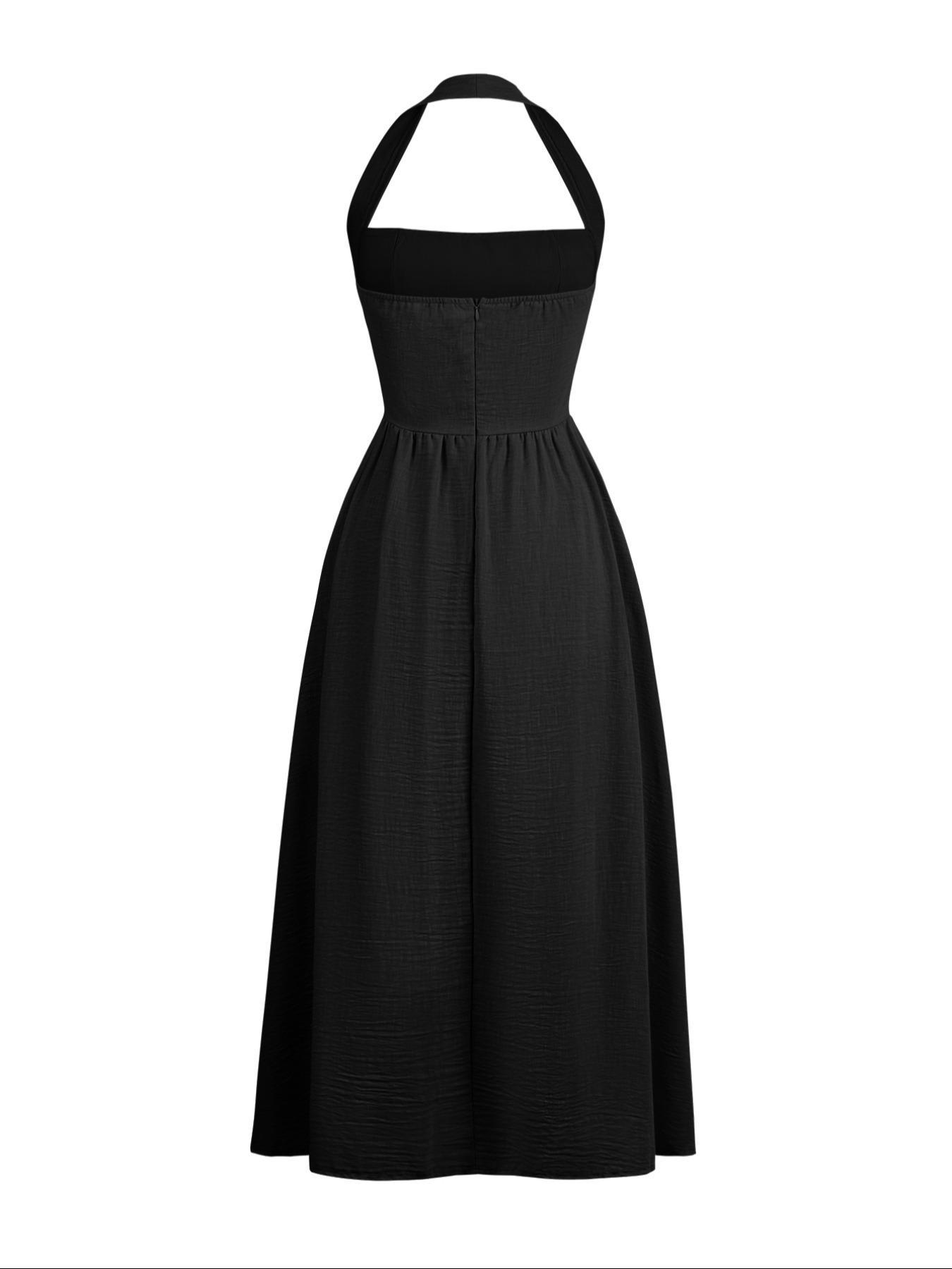 Women's Plain Pocket Zipper Back Dress, Casual Sleeveless Halter Neck A Line Dress for Summer, Ladies Clothes for Beach Holiday, Brunch Dresses, Casual Wear