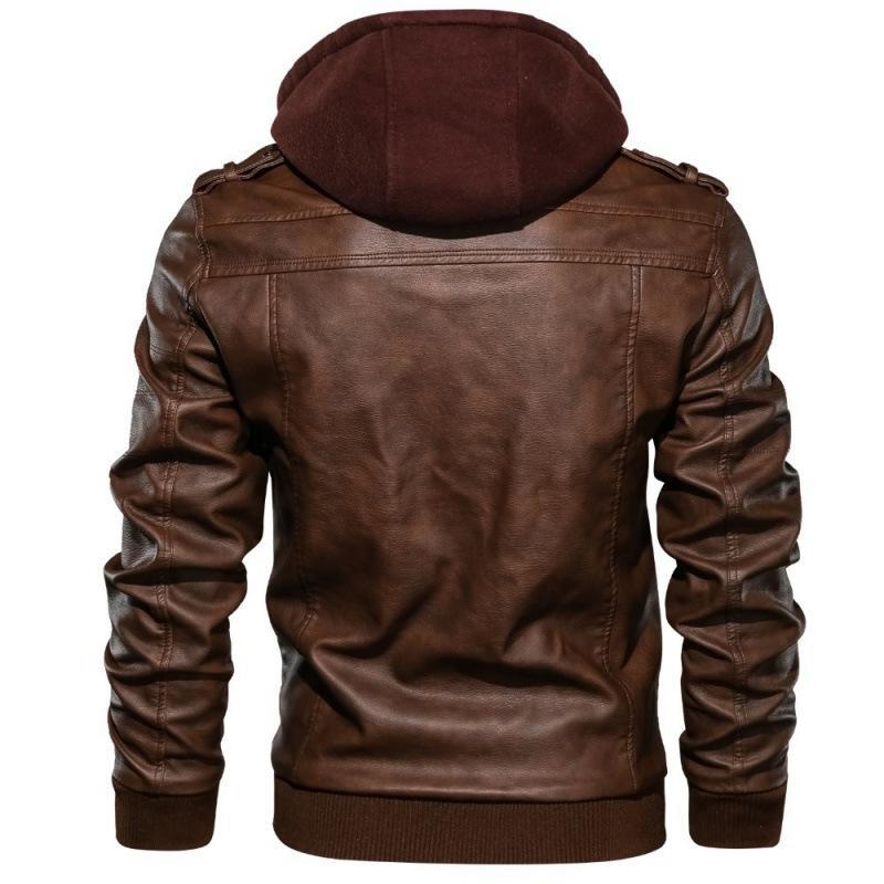 Men Brown Leather Motorcycle Jacket with Removable Hood Hoodie Casual