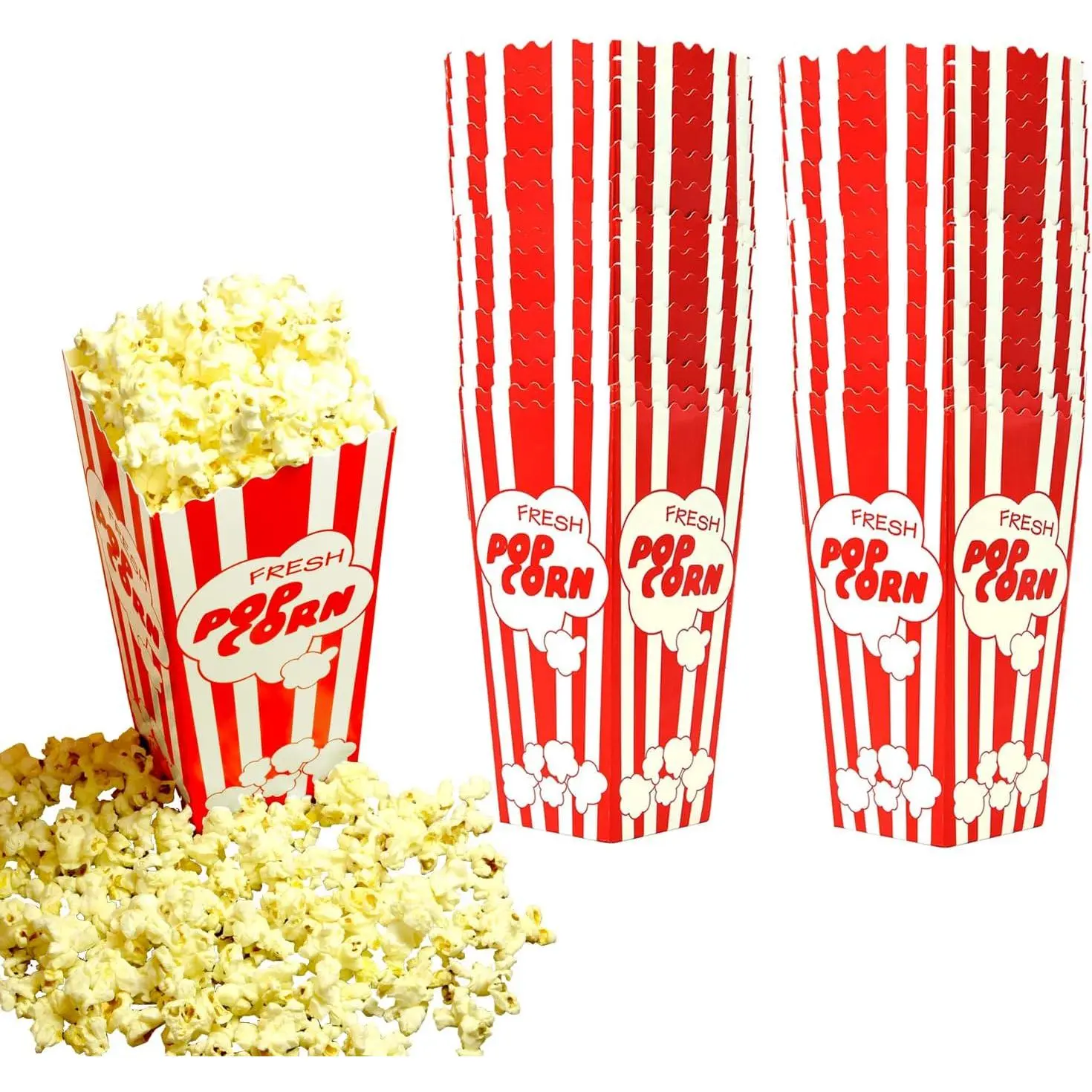 30 Movie Night Popcorn Paper Boxes Buckets 7.75 Inches Tall Large Box & Holds 46 Oz Old Fashion  Retro Party Design Red & White Colored Nostalgic Carnival Stripes Bags & Tubs various qty avail