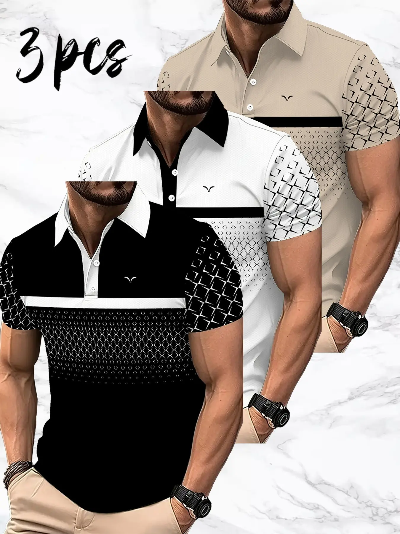 Men's 3-Piece Short Sleeve Polo Set, Geometric Pattern, Casual Fitted Design, All-Over Print, Lightweight Business Casual Wear