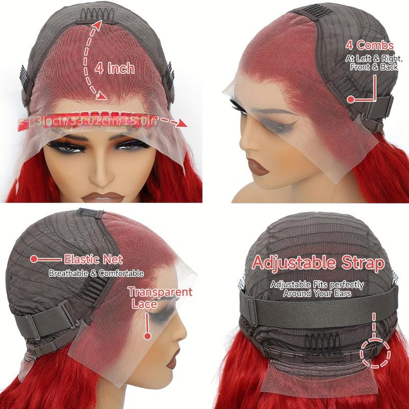 34Inch 250 Density Red Straight 13x4 HD Lace Front Wigs Human Hair Pre Plucked With Baby Hair 12A Brazilian Remy Long Straight 13x4 Invisible Lace Frontal Human Hair Wigs For Women Red Color