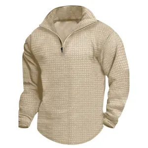 18ACTIVEKITMen's casual sports hoodie, half zip design, small checkered pattern, stand up collar, fitted style, suitable for outdoor wear in spring and autumn