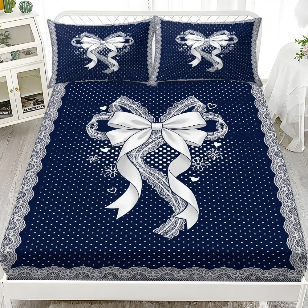 3-piece Korean-style girly bowknot fitted sheet set, including 1 fitted sheet and 2 pillowcases (excluding pillow core), featuring polka dot lace pattern 2D printing all-over bedspread, suitable for bedding in guesthouses and bedrooms