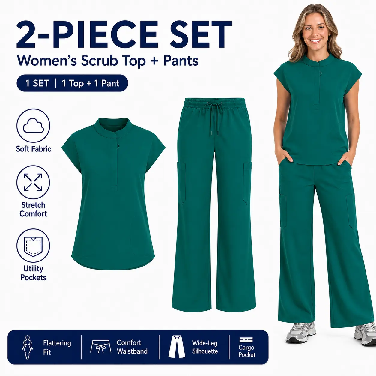 Women’s 2 Piece Scrub Set Short Sleeve Stand Collar Top Wide Leg Pants  Green
