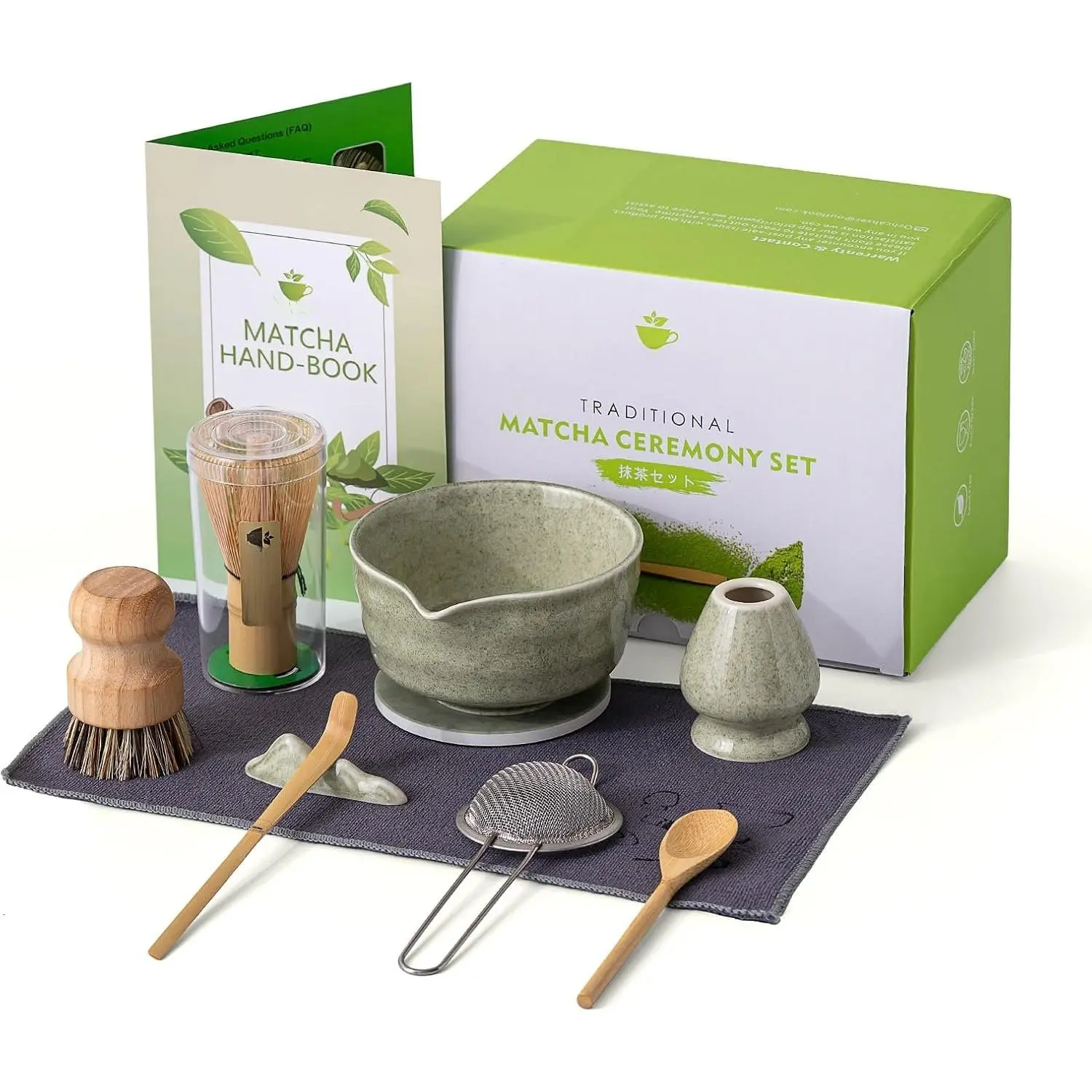 Matcha Set, Matcha Bowl with Spout and Coaster, Matcha Whisk and Holder, Sifter, Scoop, Spoon, Cleaning Brush,10 Pcs Complete Ceramic Matcha Kit