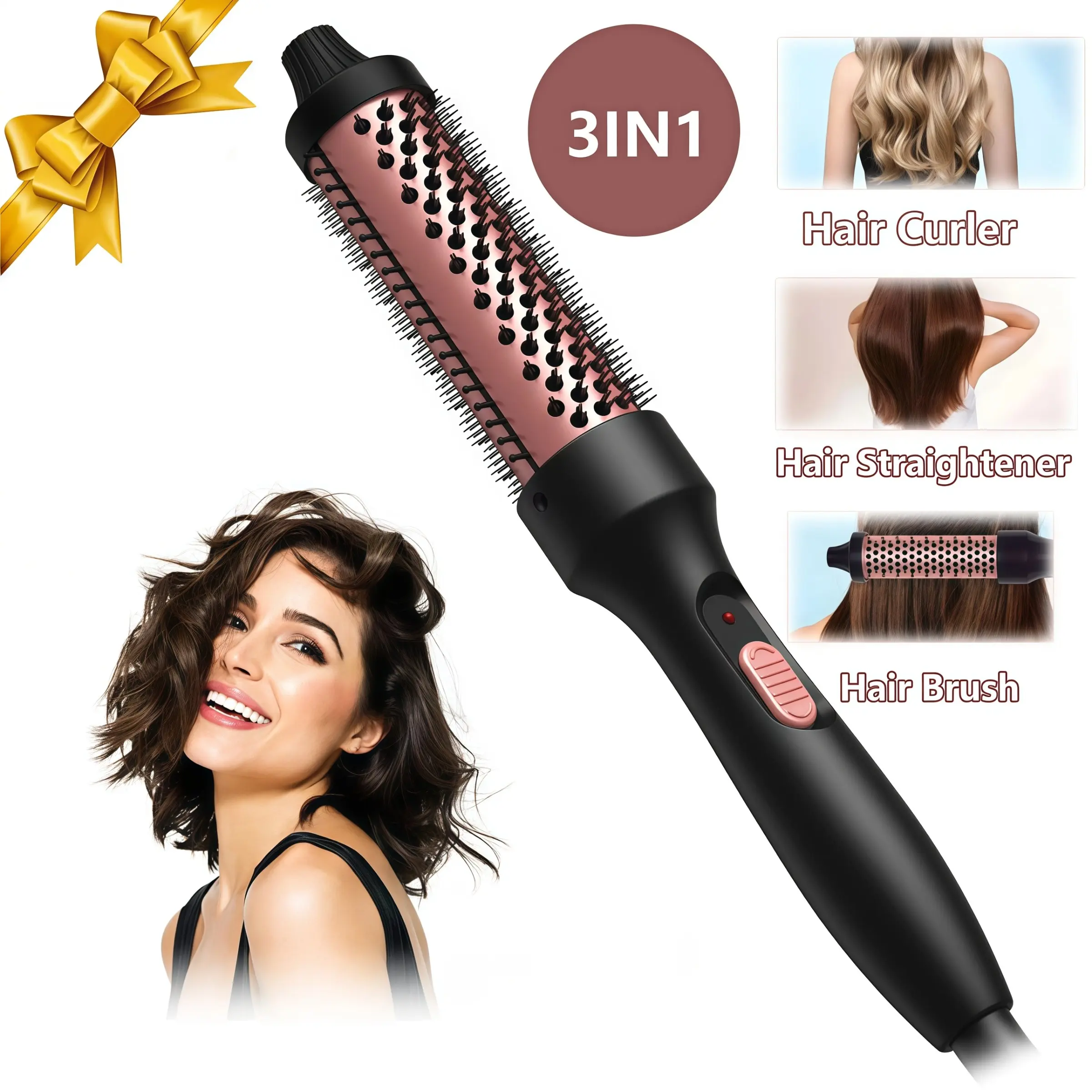 1PC 3-in-1 hot brush, 1.5-inch hot round brush, creates natural curls/straight hair/brush all in one. Volumizing and smooth hot round brush, easy to use, a gift for women.