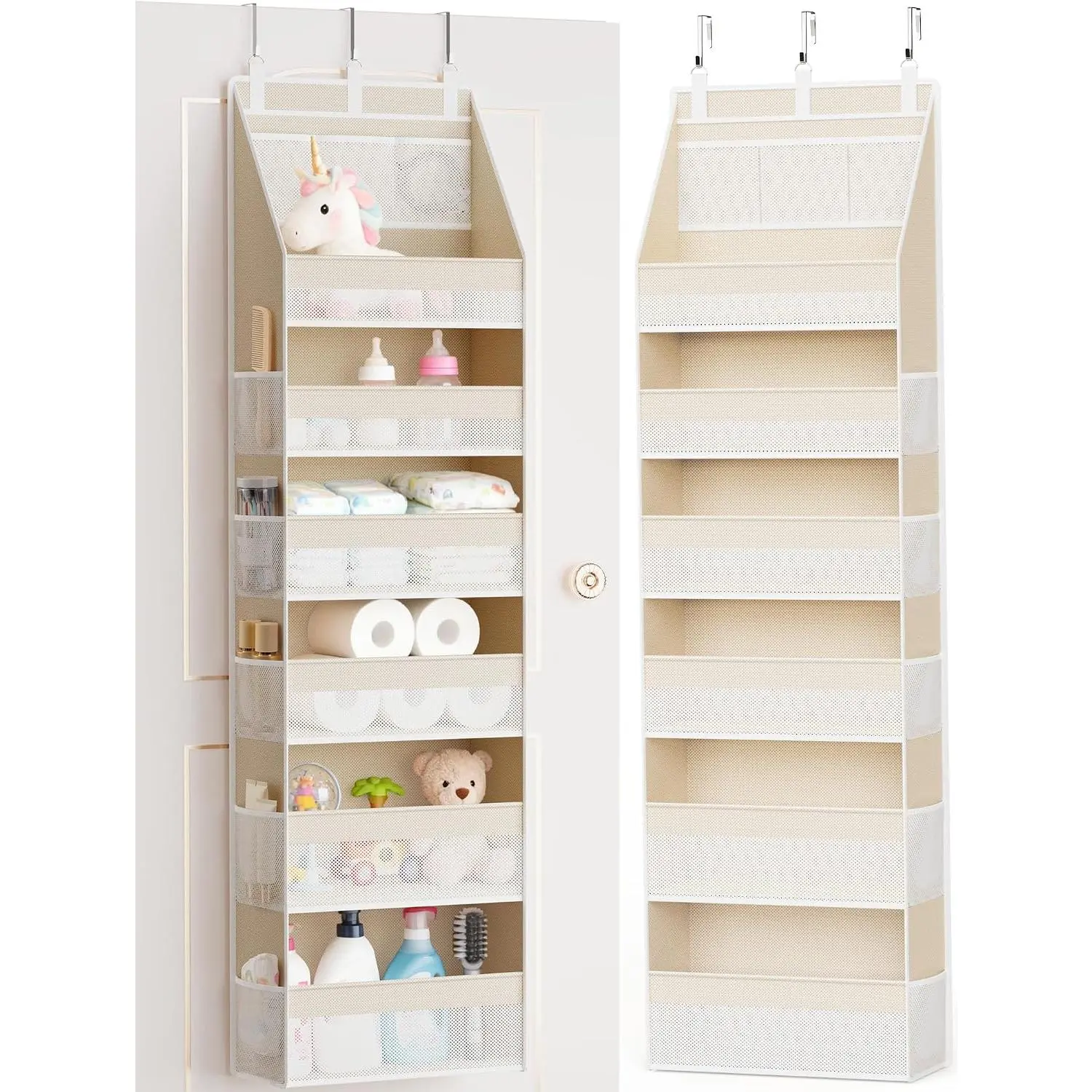 Over the Door Organizer, 6-Shelf Closet Hanging Storage with 13 Mesh Pockets, 55lbs Capacity Behind the Door Storage for Baby Nursery, Bathroom, Bedroom, and Dorm, Beige