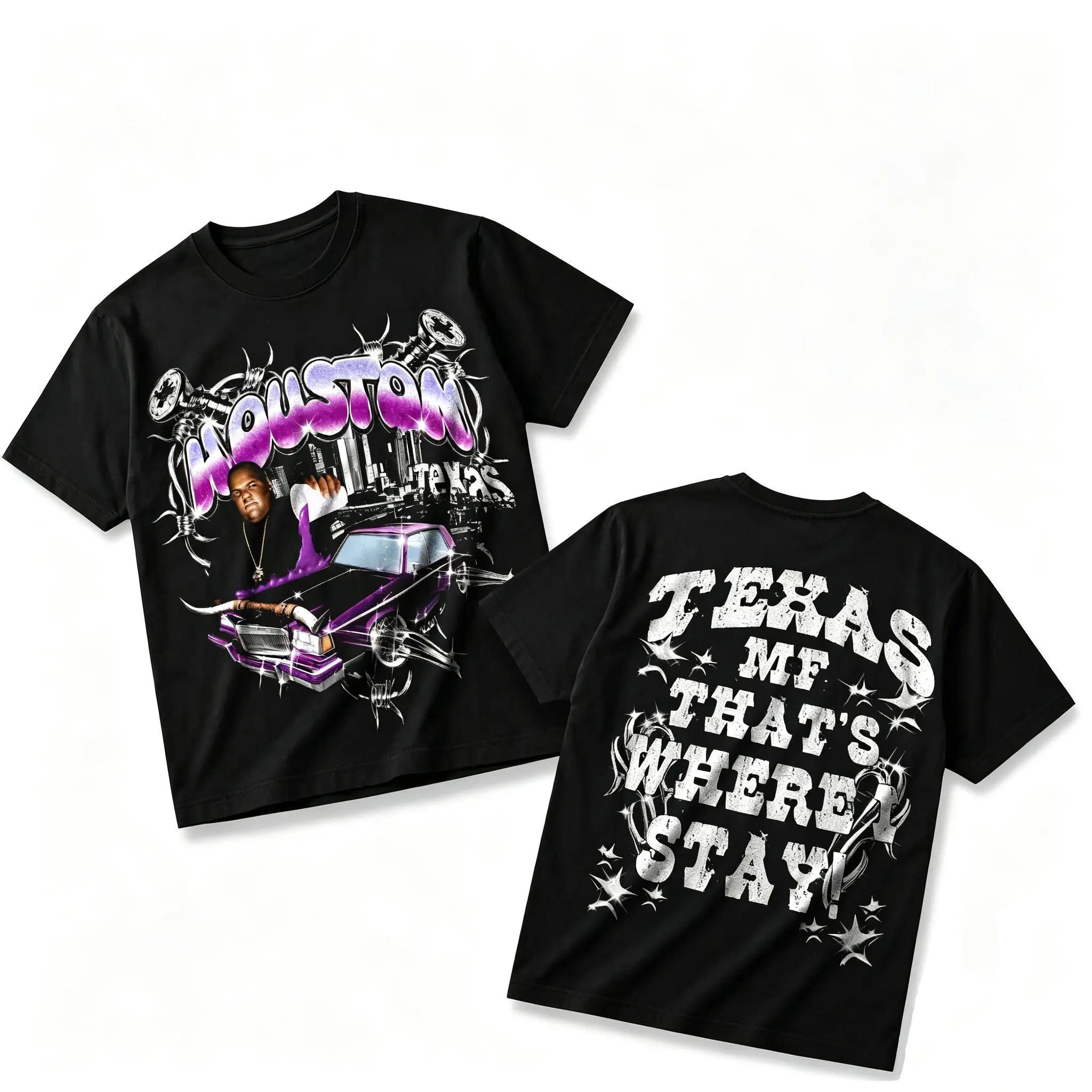 Houston Texas Lowrider Hip Hop Two Sides Graphic T-Shirt, Vintage Purple Rap Portrait Front Texas MF That's Where I Stay Distressed Back Print Black Unisex Southern Streetwear Crewneck Tee