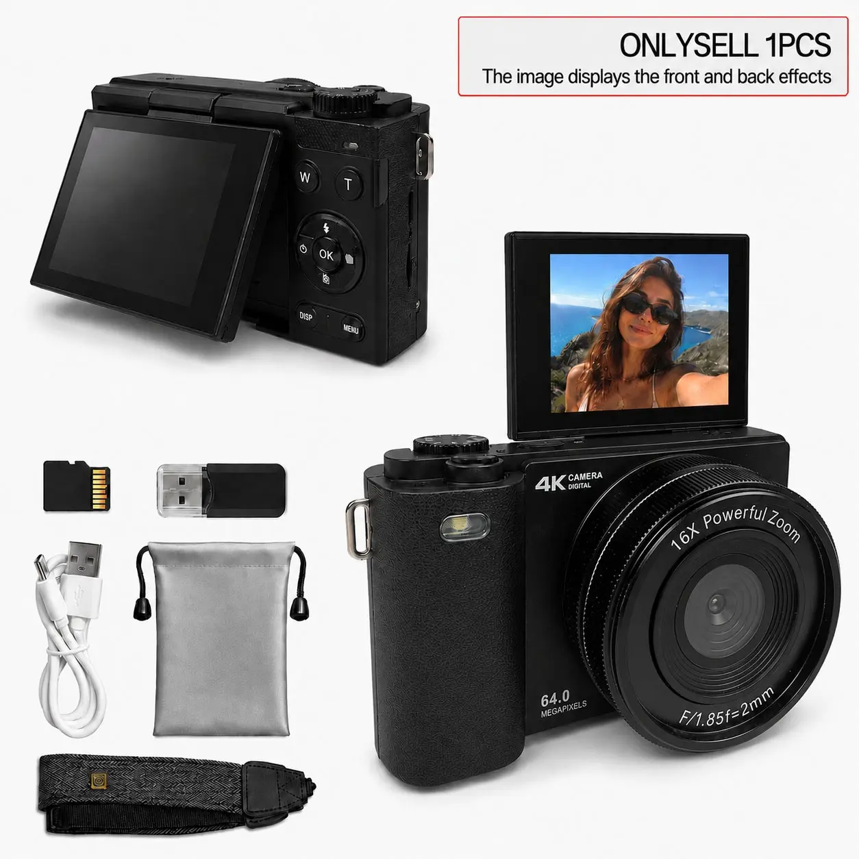 Compact Digital Camera with 180° Flip Screen, Point and Shoot Camera, Includes Storage Card, Elegant Camera Bag, Dedicated Lanyard, Ideal for Vlogging and Photography