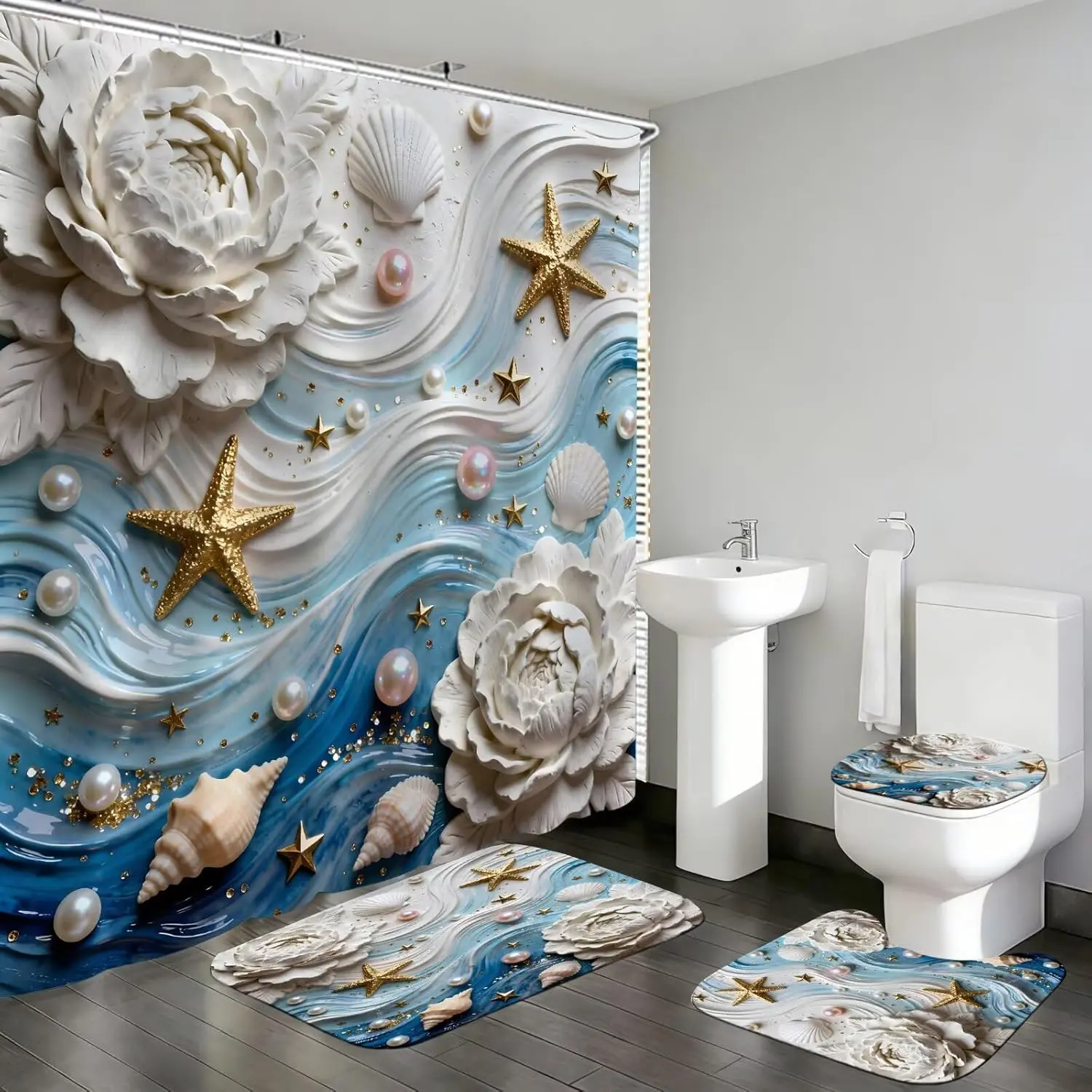 3D Waves and Starfish Shower Curtains with Rugs, Seashells and Pearl Accents Bathroom Sets with Shower Curtain and Rugs, White Flower Shower Curtains for Bathroom Toilet Lid Cover