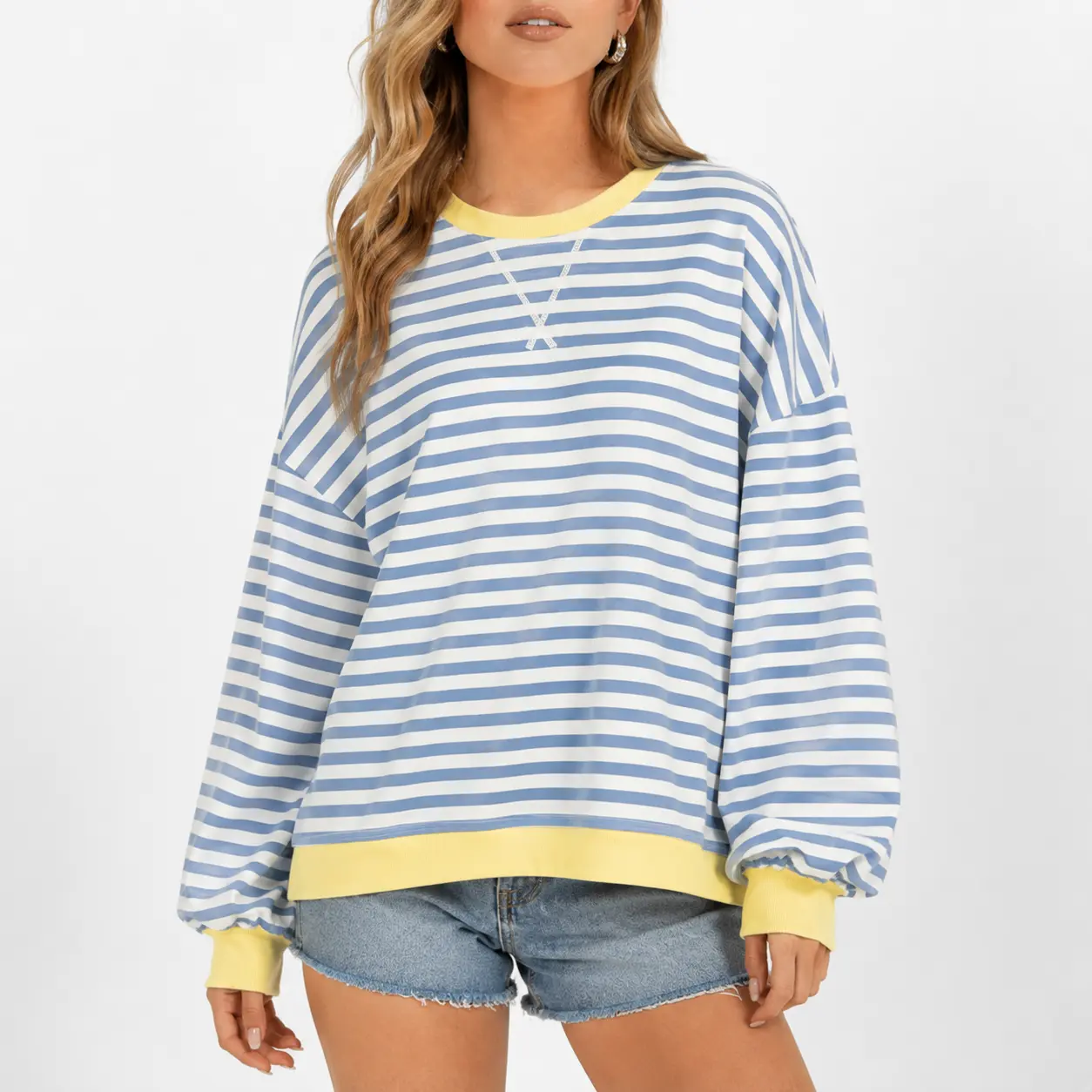 Women's Striped Oversized Crewneck Sweatshirt Colorblock Long Sleeve Drop Shoulder Pullover Top, Loose Fit Preppy Casual Shirt for Fall Spring Daily Wear