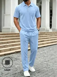 Men's Linen 2-Piece Set, Solid Color Collared Three-Button Pocket Polo Shirt + Elastic Waist Drawstring Straight Pants, Summer Casual