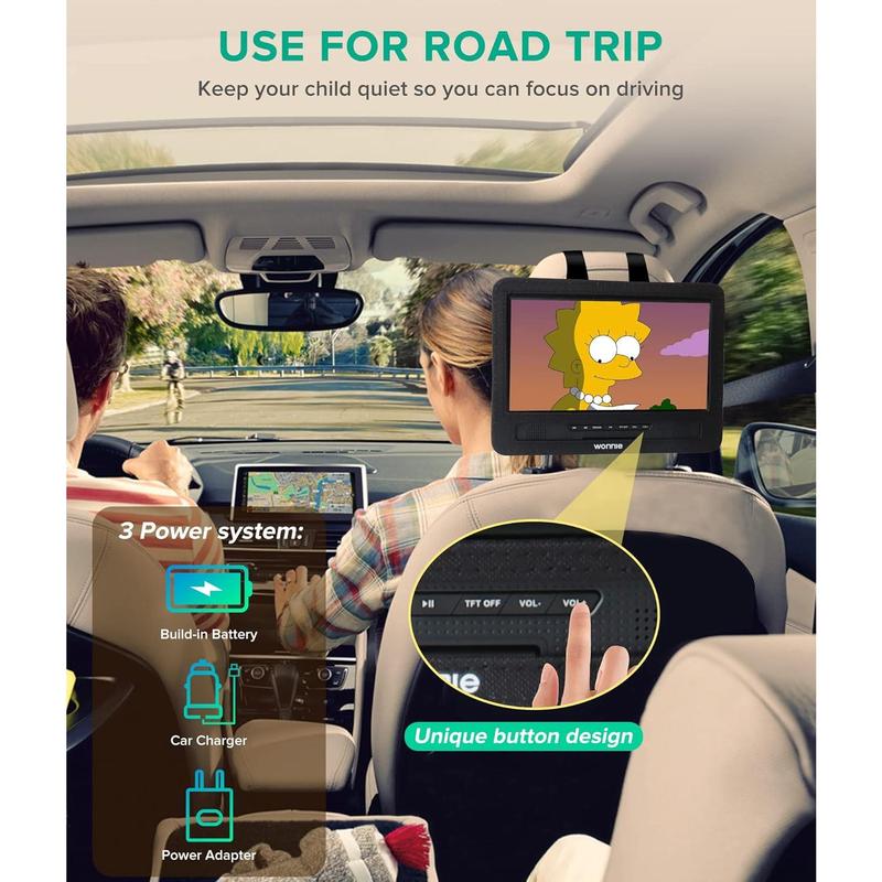 12.5" Portable DVD Player  Headrest Video Player with 10.5" Swivel Screen, 5-Hours Rechargeable ,  Headrest Holder, Dual Speakers, Support USB/SD Card/Sync TV, All Regions