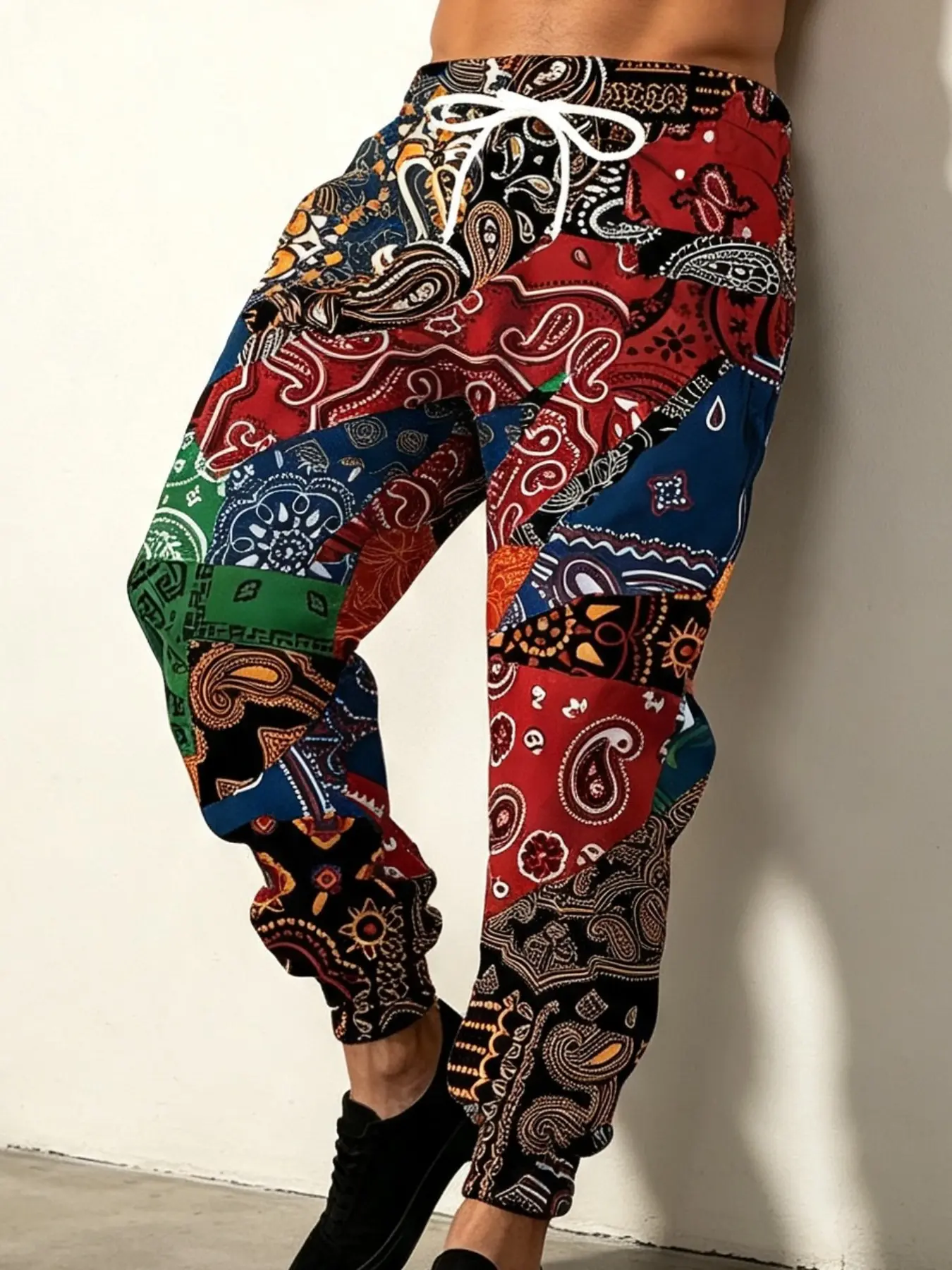 Men's 3D Print Sweatpants, Boho Style, Loose-Fitting, Drawstring Waist, Spring & Fall, Ethnic Wind, Streetwear, Casual