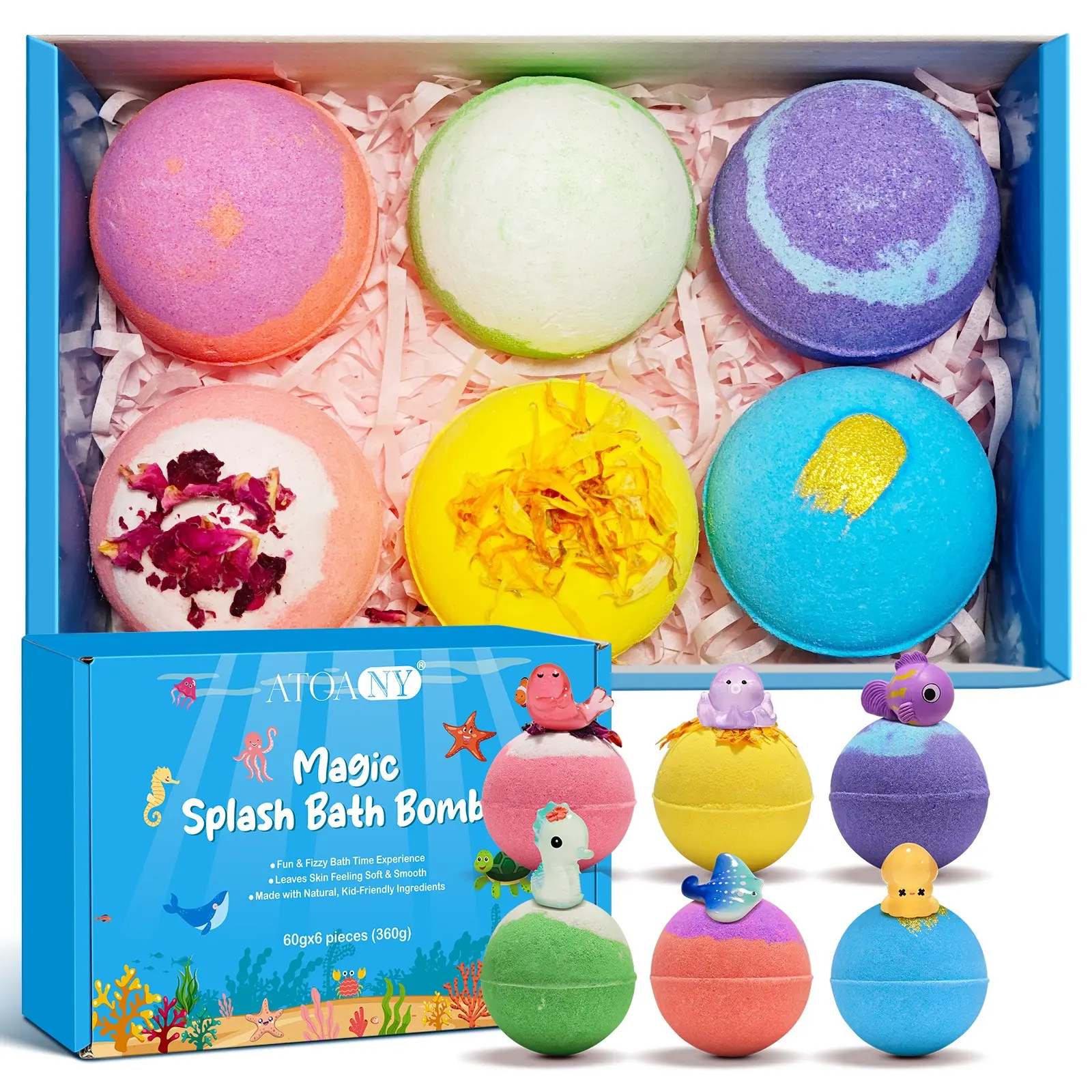 Atoany Toy Bath Salt Balls, 6-Pack, Fun Bath Experience, Mineral-Rich, Natural Gentle Formula, Suitable for Kids, Soft Smooth Skin After Bath, Bubble Bath Ball