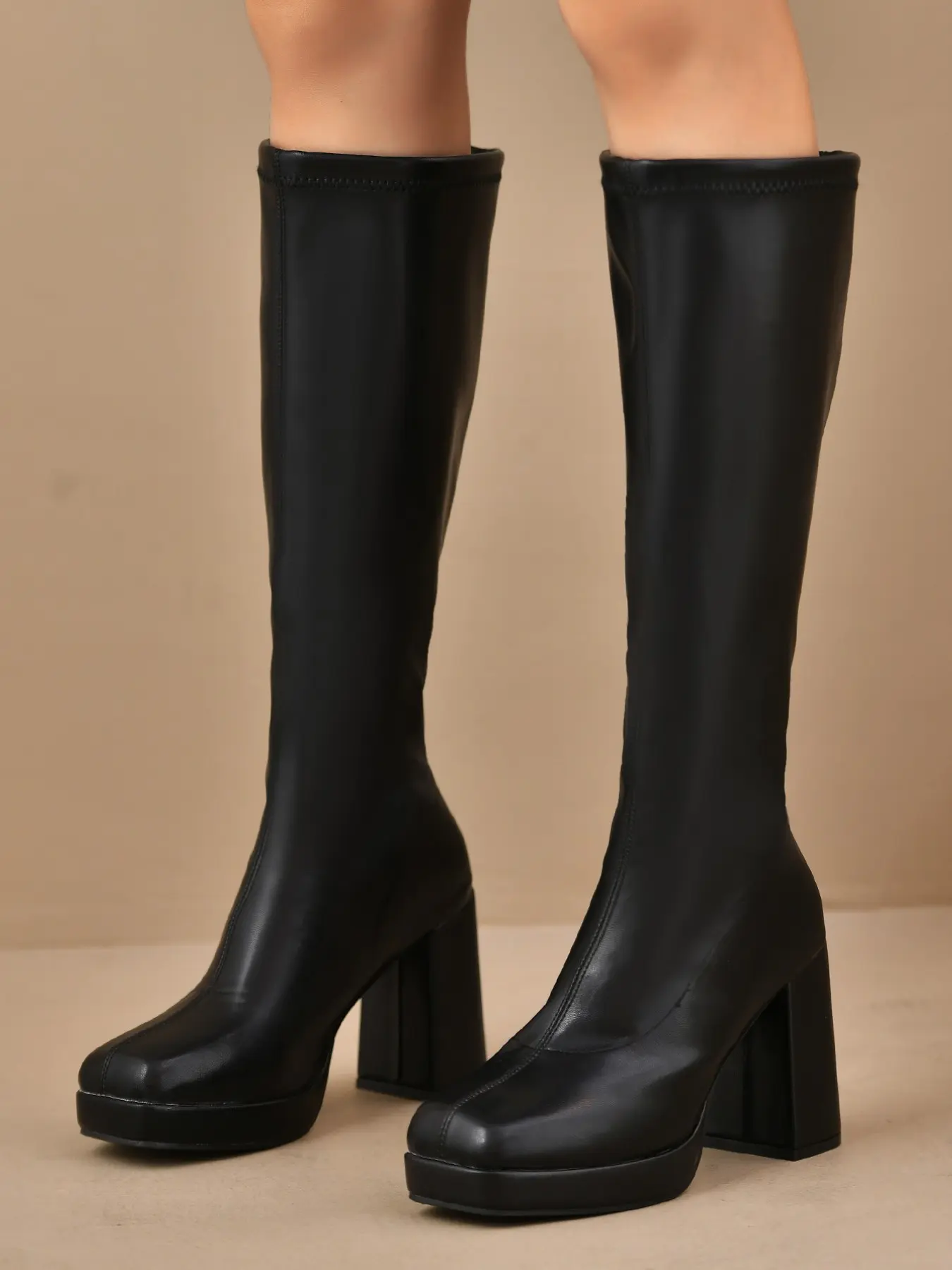 Women's Simple Square Toe Chunky Heel Knee-High Boots, Waterproof Thick Sole Height-Boosting Design, Fall Winter Fashion Shoes