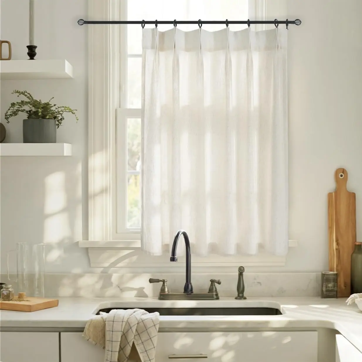 Bathroom Curtains Window,Short Sheer Linen Pinch Pleated Curtains for Kitchen Cafe 45 Inch Length
