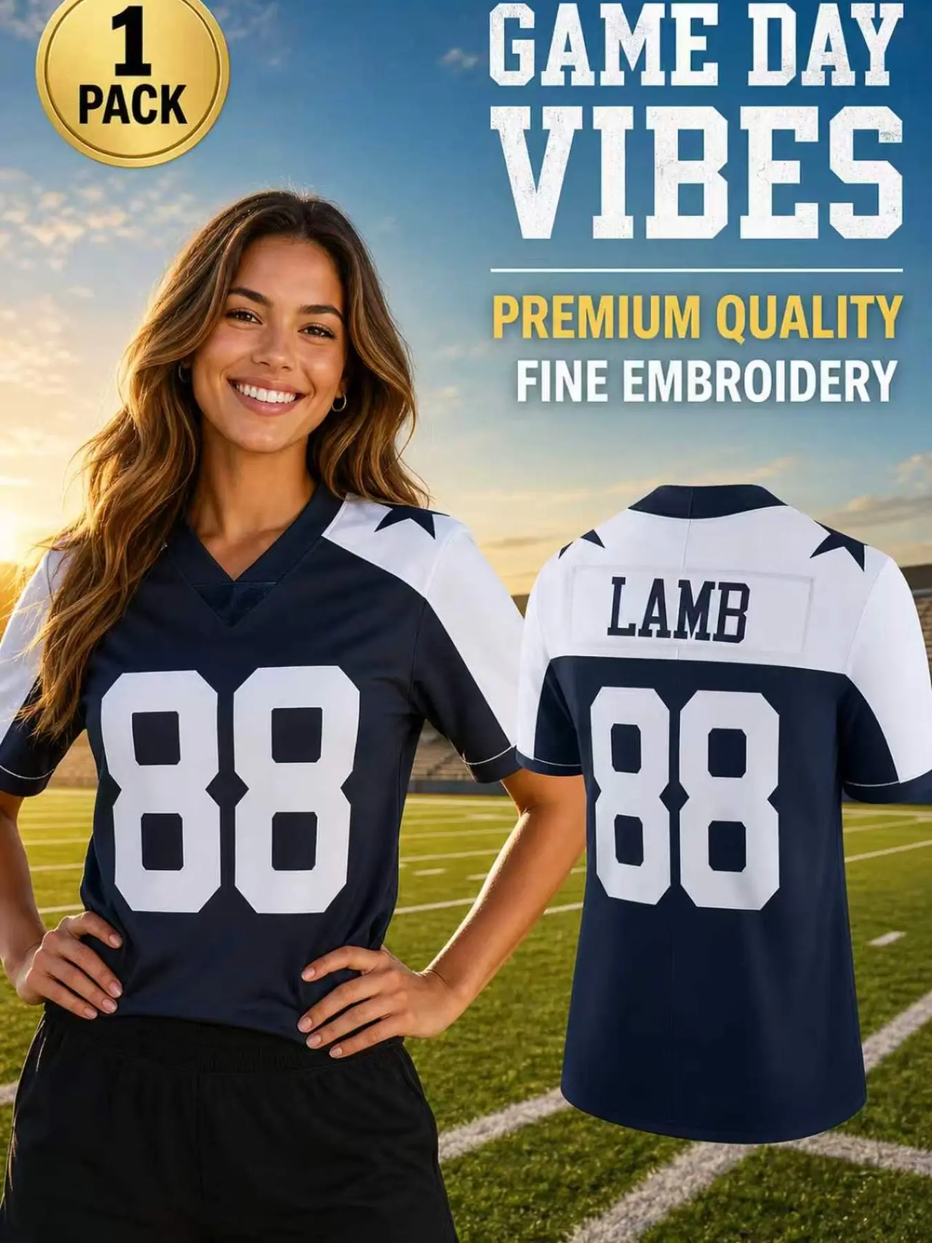 #88 Lamb Women's Fine Embroidery Football Jersey, Classic Navy White Game Day Outfit, Soft Short Sleeve V Neck Sports Apparel for Football Lovers Gift