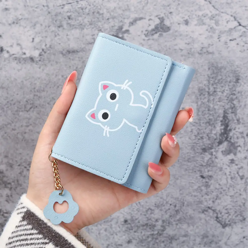 Faux Leather Trifold Wallet for Women with Coin Pocket, Cute All Over Cat Print Foldable Mini Purse with Anti-Theft Chain, Womens Gifts