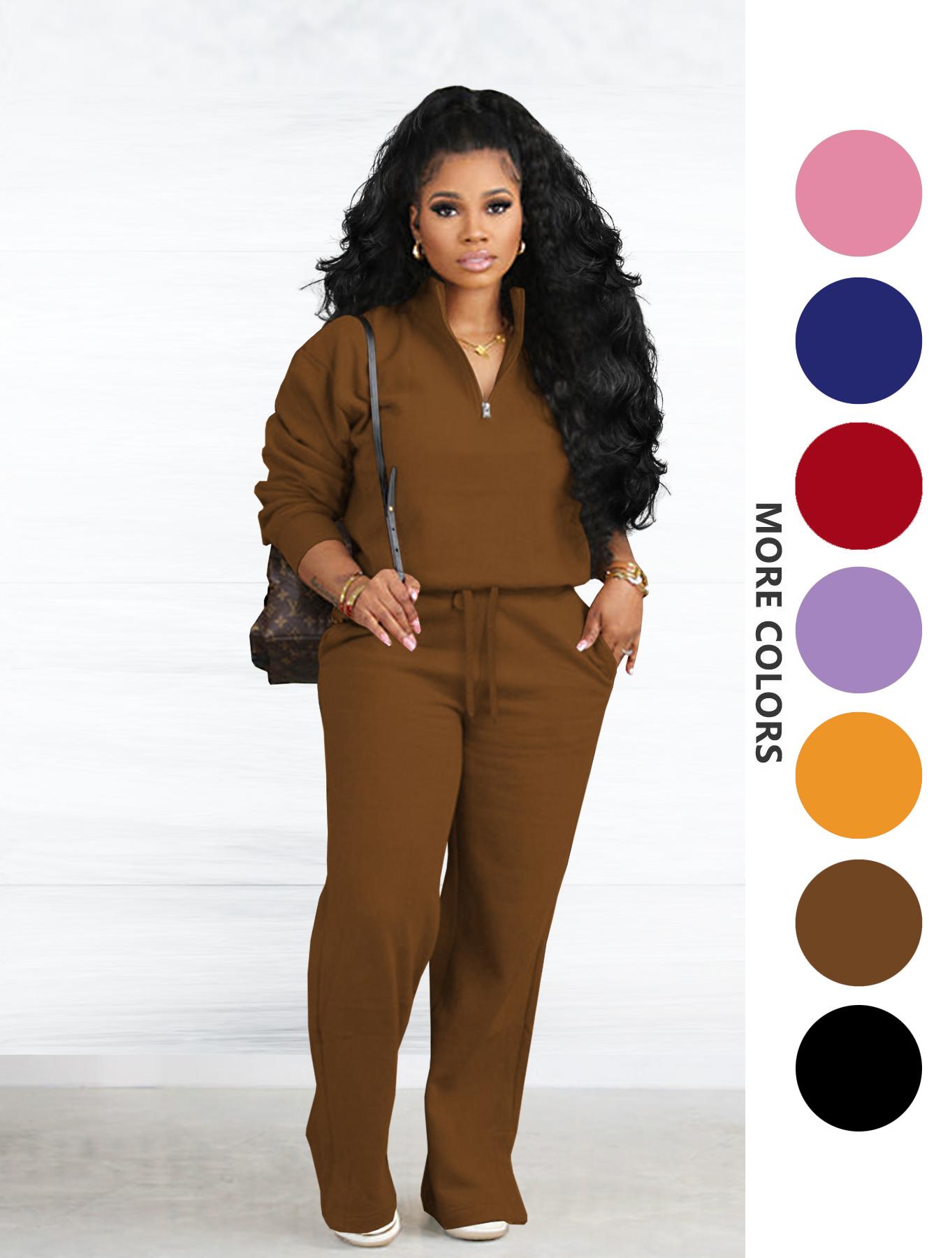 Two-piece Set Women's Solid Zip Up Funnel Neck Sweatshirt & Drawstring Waist Pants, Casual Fashion Cozy Fitted Drop Shoulder Long Sleeve Top & Pocket Trousers for Daily Outdoor Wear, Women's Clothing for Fall & Winter