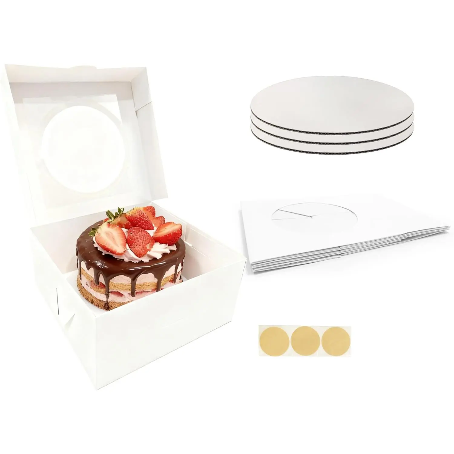 3 Set Cake Boxes with Cake Boards(3 PCS Cake Boxes+3 PCS Cake Boards), 10x10x5 Inches Cake Box with Windows, White Bakery Boxes, Cake Container with Stickers for Birthday by GBF