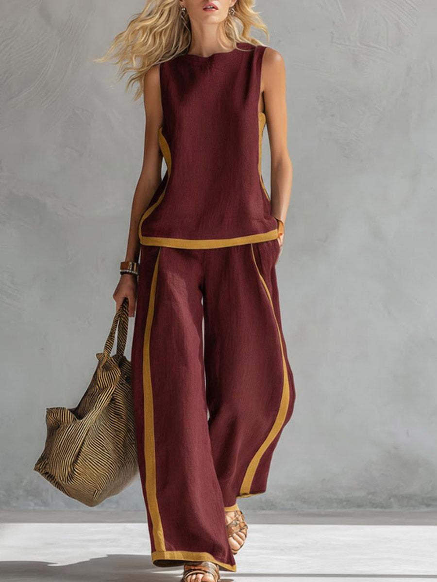 2026 Linen Blend Two Piece Set for Women Sleeveless Color Block Top Wide Leg Pants Set Casual Summer Outfit # LinenSet # WideLegPants # ColorBlock # SummerOutfit # BohoFashion # CasualWear # Outfit of the Day # WomensFashion