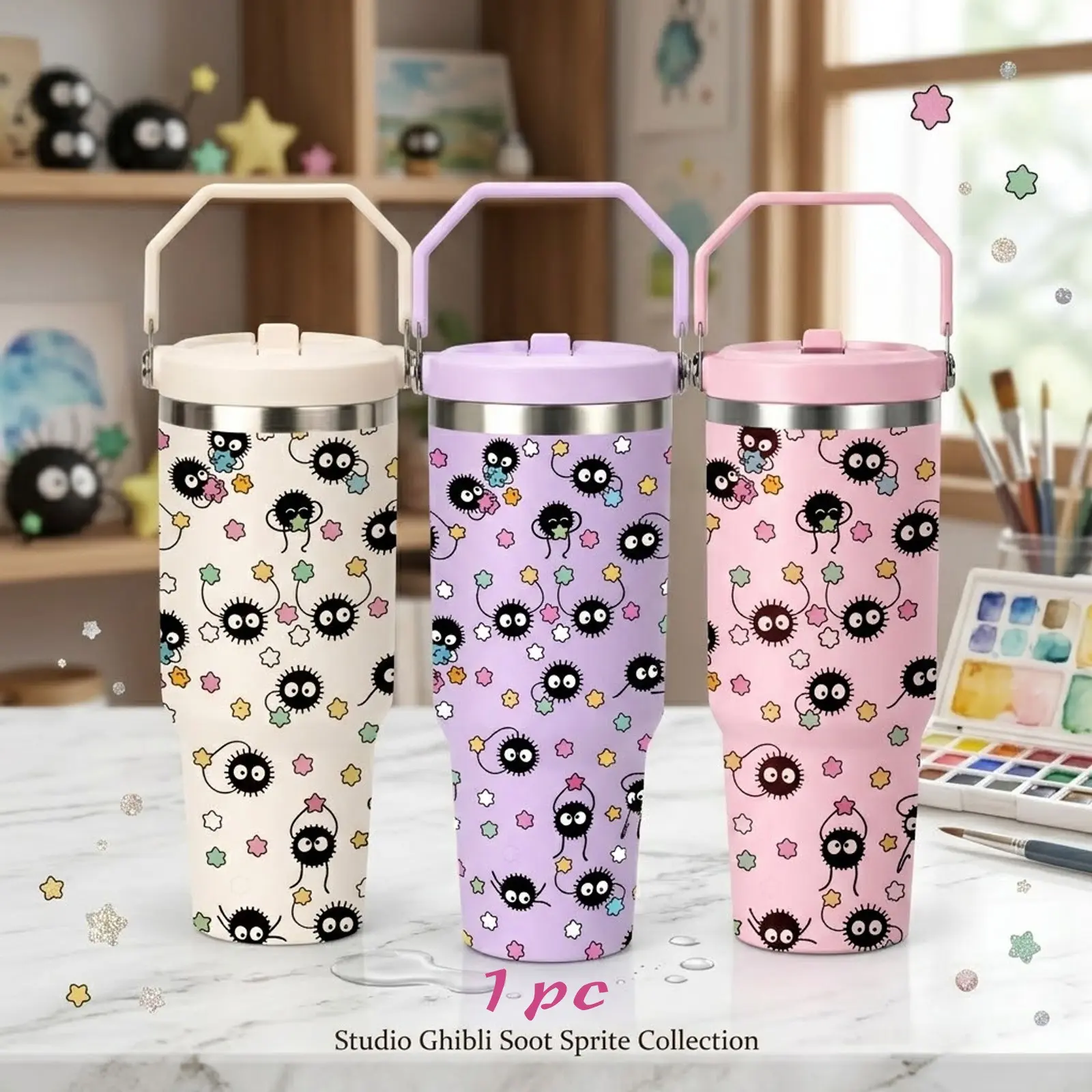 30oz Cute Cartoon Soot-Inspired Tumbler with Handle, Kawaii Black Sprite Pattern, Stainless Steel Insulated Vacuum Drinkware Travel Mug with Lid & Straw, Large Capacity Coffee Cup, Cute Gift for Women & Anime Lovers
