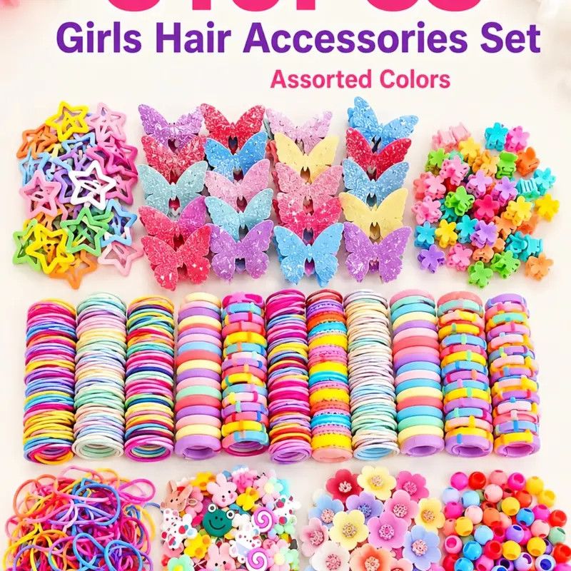 510 pcs/set Pink Butterfly Princess, Cute Hair Accessories including high-elastic hair ties that do not damage hair, small rubber bands, star clips, flower clips, small claw clips, suitable for creative everyday hairstyles