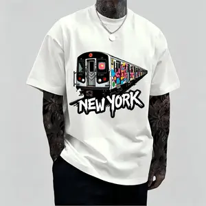 New York Subway Graffiti Print T-Shirt - Urban Street Art Tee, Short Sleeve Crew Neck, Breathable Regular Fit Casual Top for Everyday Wear & Outdoor Activities, Machine Washable