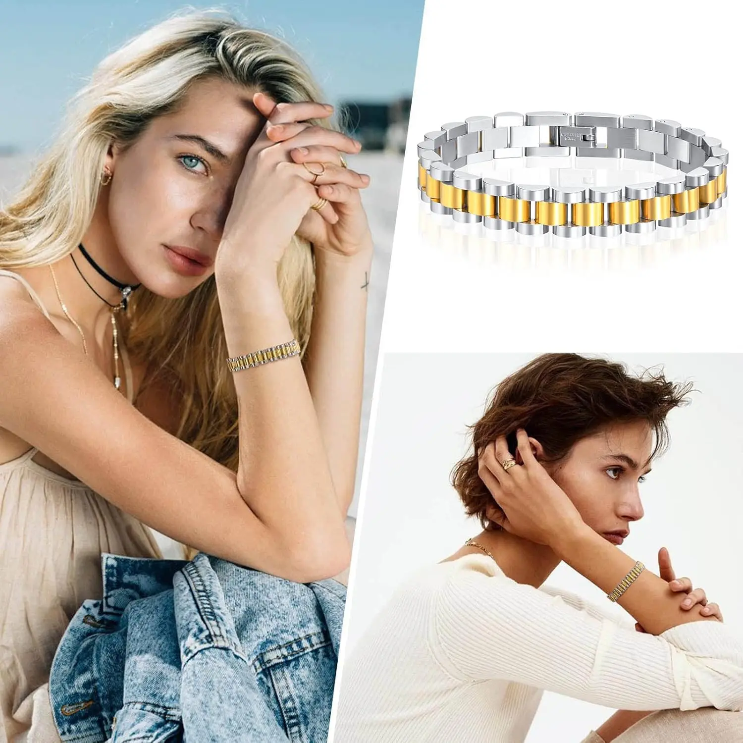2pcs 18K Gold Plated Chain Link Bracelet, Stainless Steel Crystal Friendship Bracelets Bangle,Watch Band Chains Wristband Jewelry with Adjust Tool