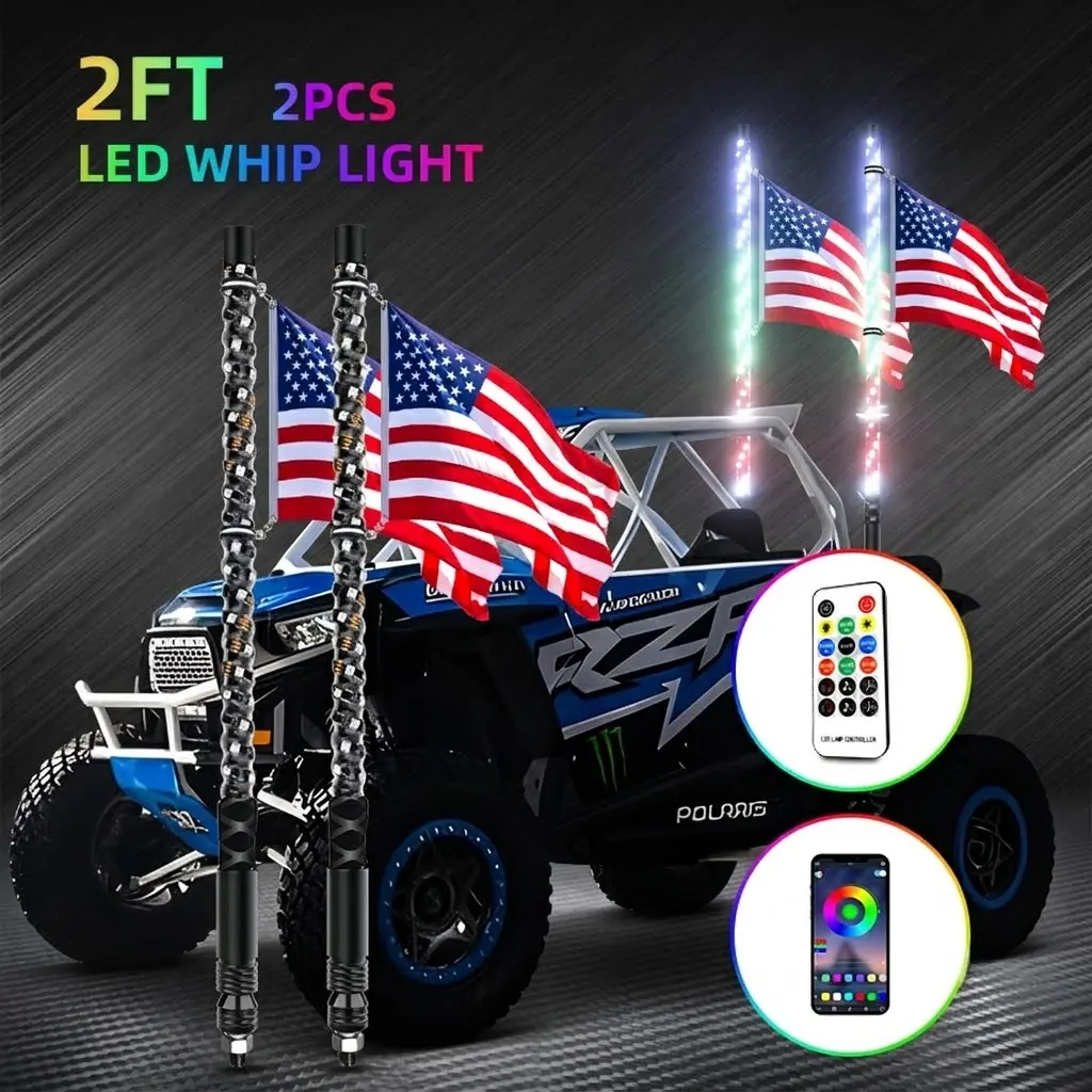 IP67 Waterproof 2FT Fat Fiberglass LED Whip Lights, RGB Light Effect Spiral Strip for SXS UTV Go Kart, Festive Party Birthday Gifts, Waterproof Ip67