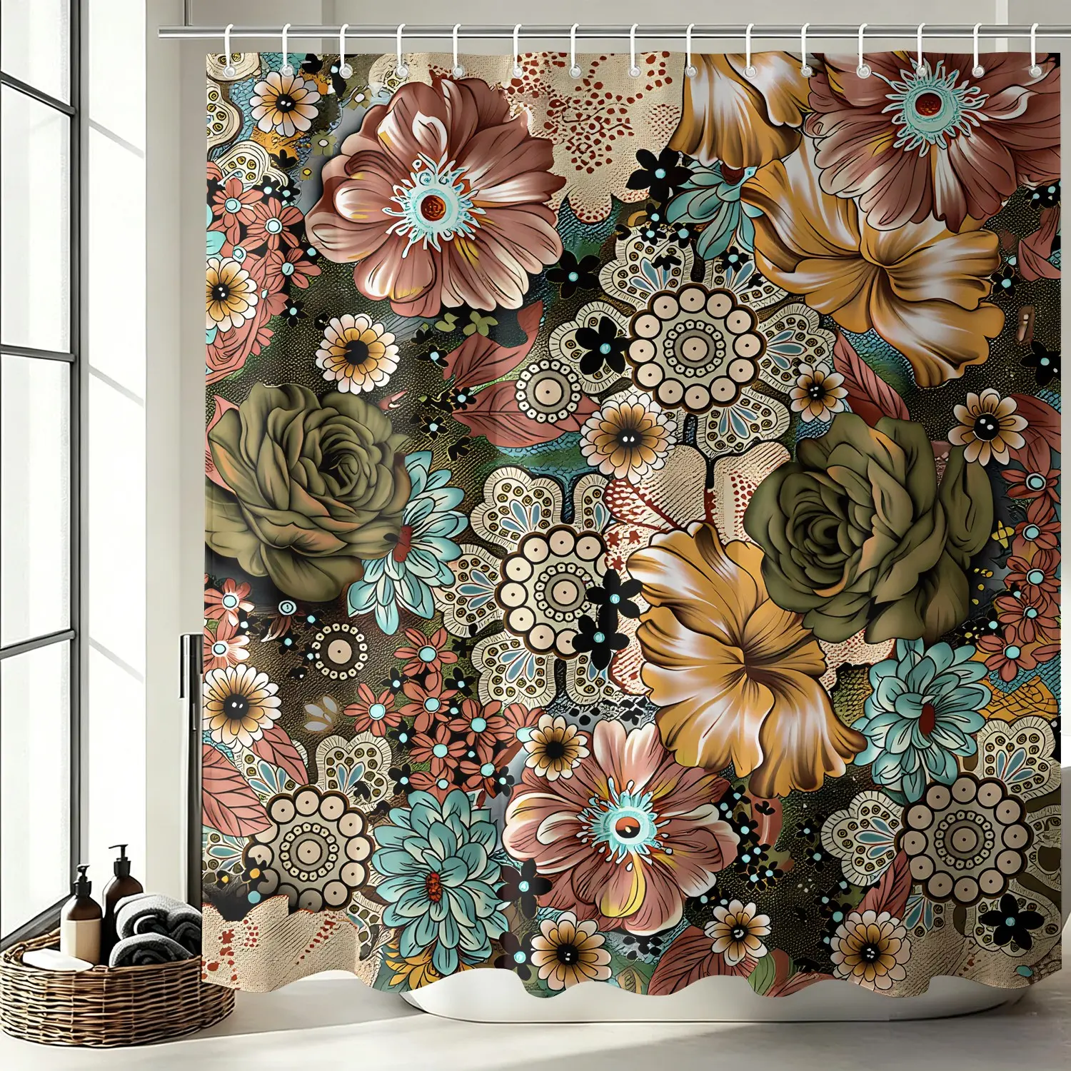 1 Pcs Vintage Boho Mandala Floral Shower Curtain, Boho Mandala Floral Print Bath Curtain, Waterproof, Mildew Resistant, Durable Fabric, Refreshing Space with Home Decor, Bathroom Decoration Accessories, Blending Bathroom Aesthetics
