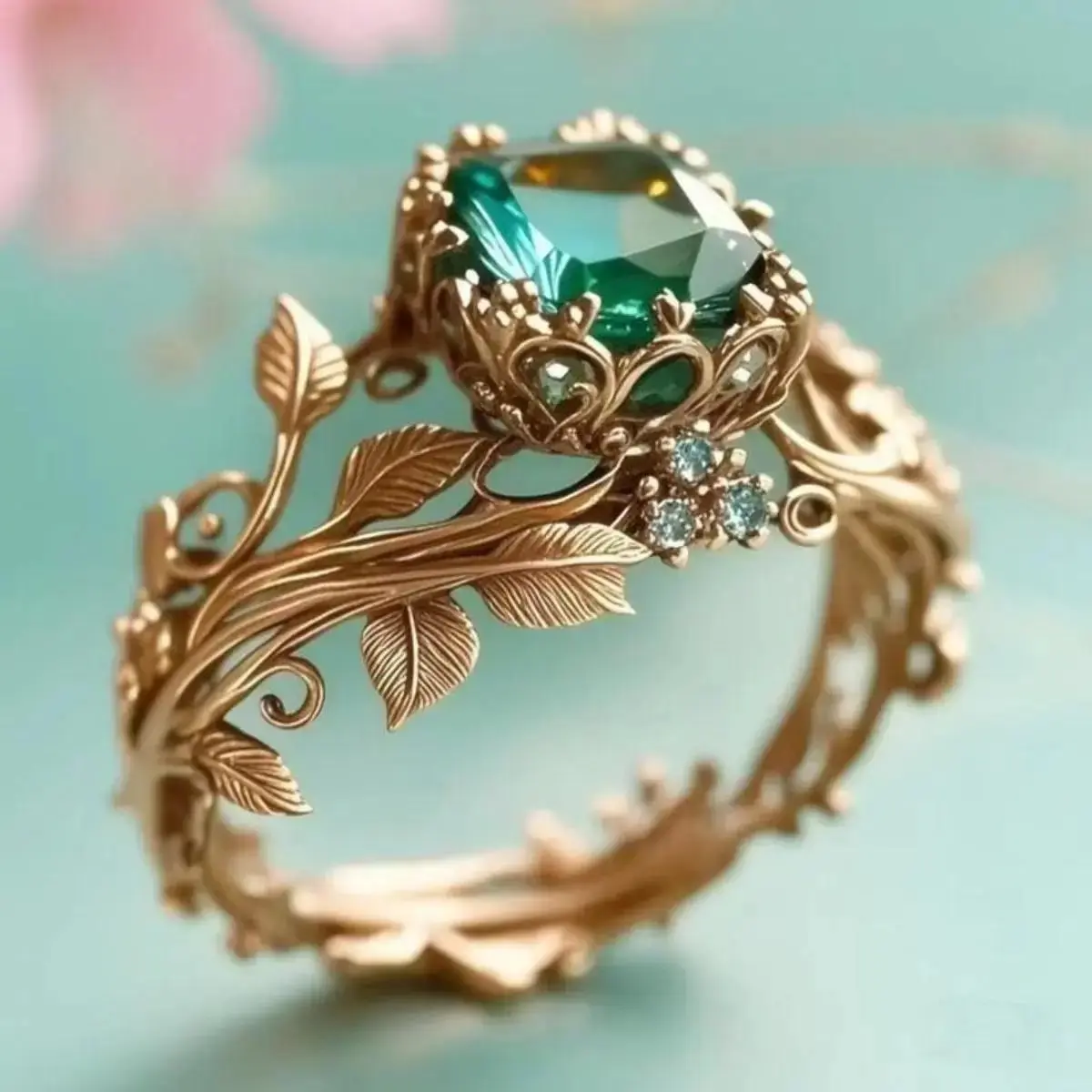 This ancient totem ring is set with green glass crystal and adorned with a tribal motif symbolizing grounding energy. Suitable for both men and women.