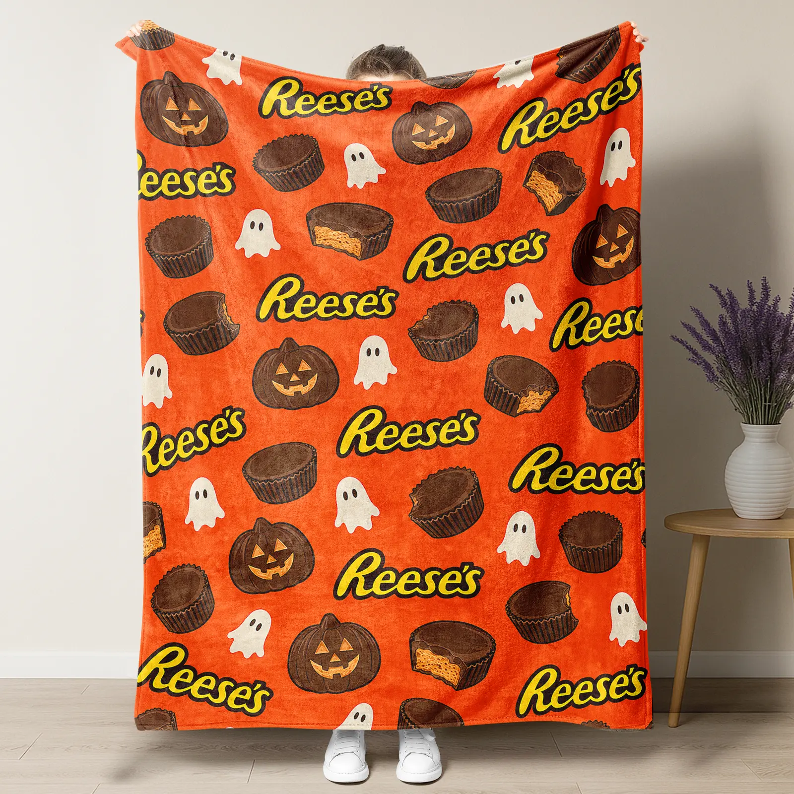 Reese's Peanut Butter Cup Halloween Flannel Throw Blanket, Orange Background Peanut Butter Candy Ghost Jack O Lantern All Over Print Cozy Soft Blanket, Spooky Fall Candy Themed Decor Blanket, Fun Halloween Gift For Reese's Candy Lovers HomeEssentials